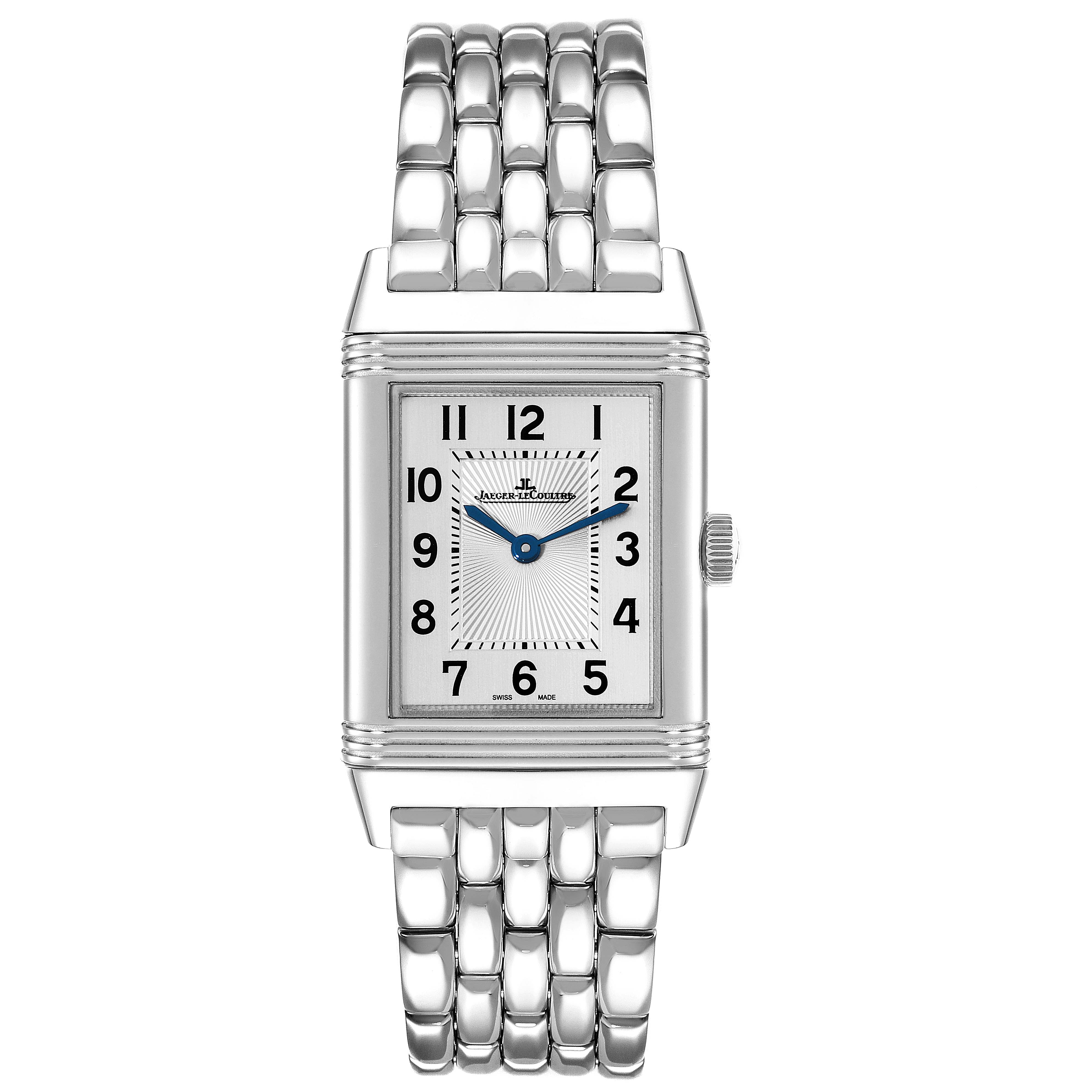 This image shows the front view of the Jaeger LeCoultre Reverso Q2548120 Men's Stainless Steel Silver Dial Q2548120 Men's Stainless Steel Silver Dial watch, displaying the dial, case, crown, and metal bracelet.