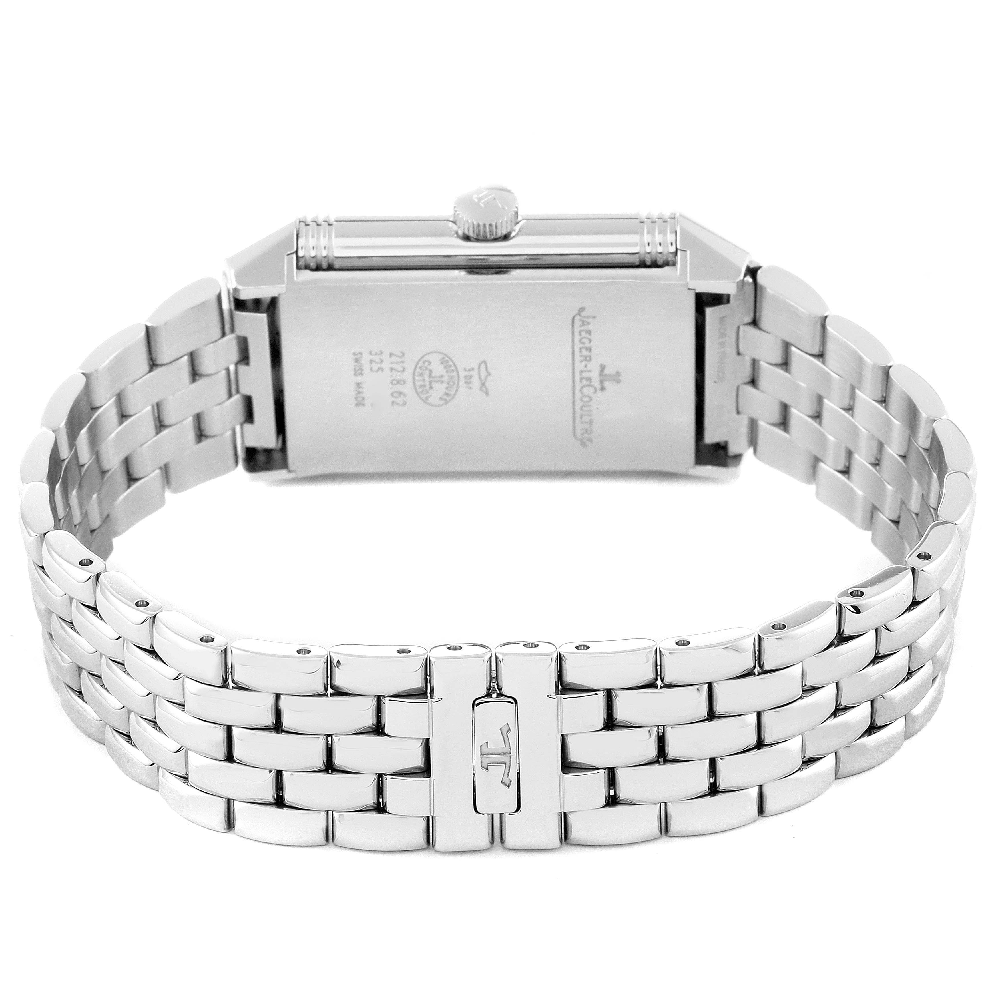 The image shows the back view of the Jaeger LeCoultre Reverso Q2548120 Men's Stainless Steel Silver Dial Q2548120 Men's Stainless Steel Silver Dial watch, highlighting the metal bracelet and case back.