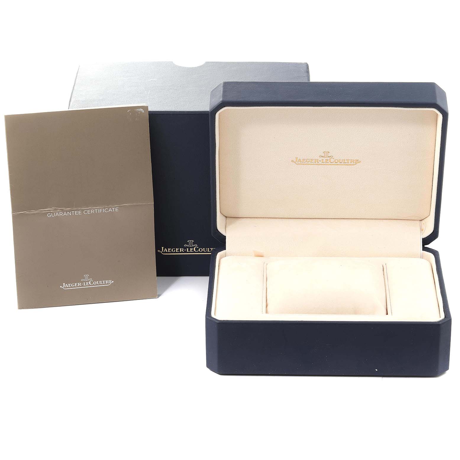 The image shows packaging for a Jaeger LeCoultre Reverso Q2548120 Men's Stainless Steel Silver Dial Q2548120 Men's Stainless Steel Silver Dial model, including the watch box and a guarantee certificate.