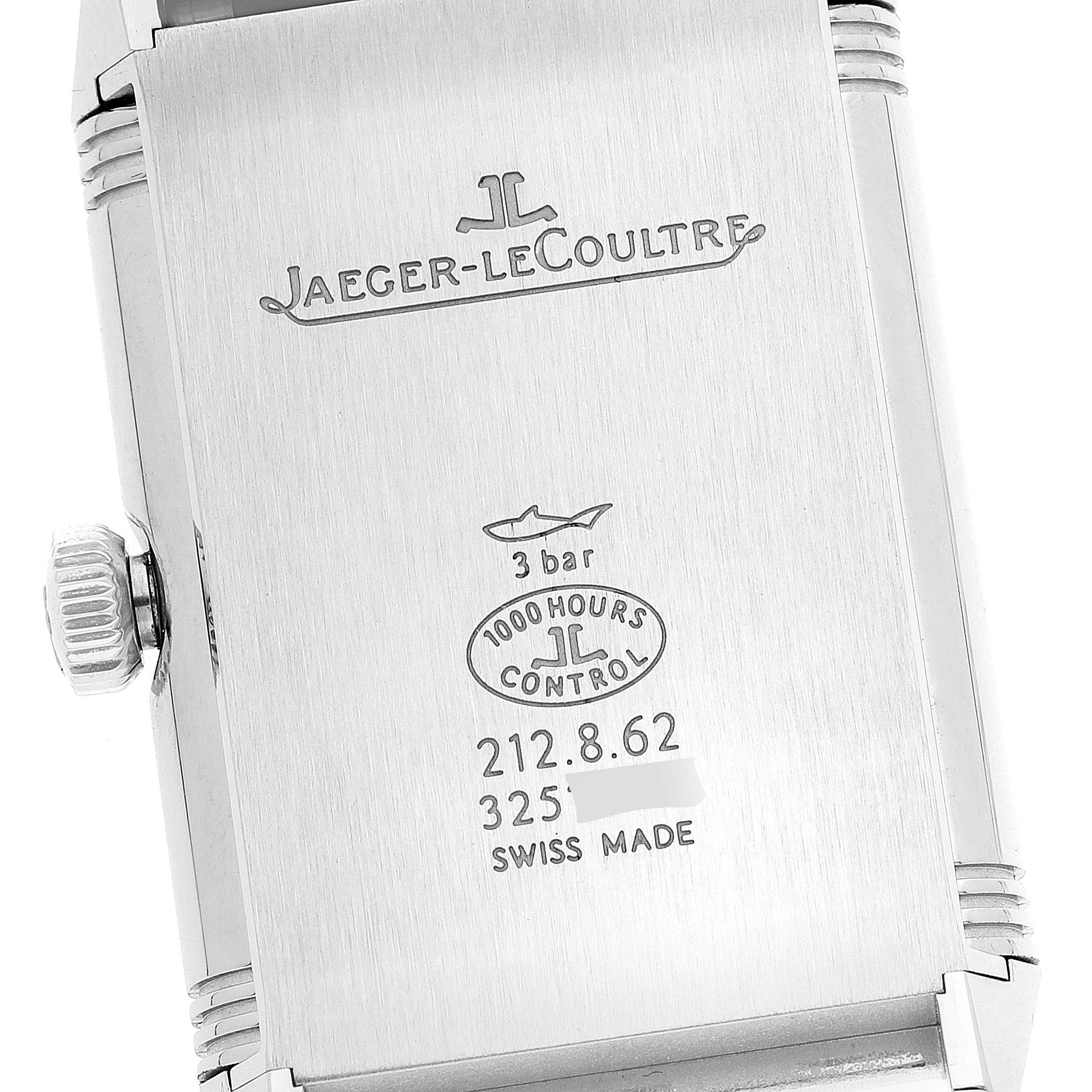 The image shows the back of the Jaeger-LeCoultre Reverso watch, highlighting the brand's engraving and specification details.