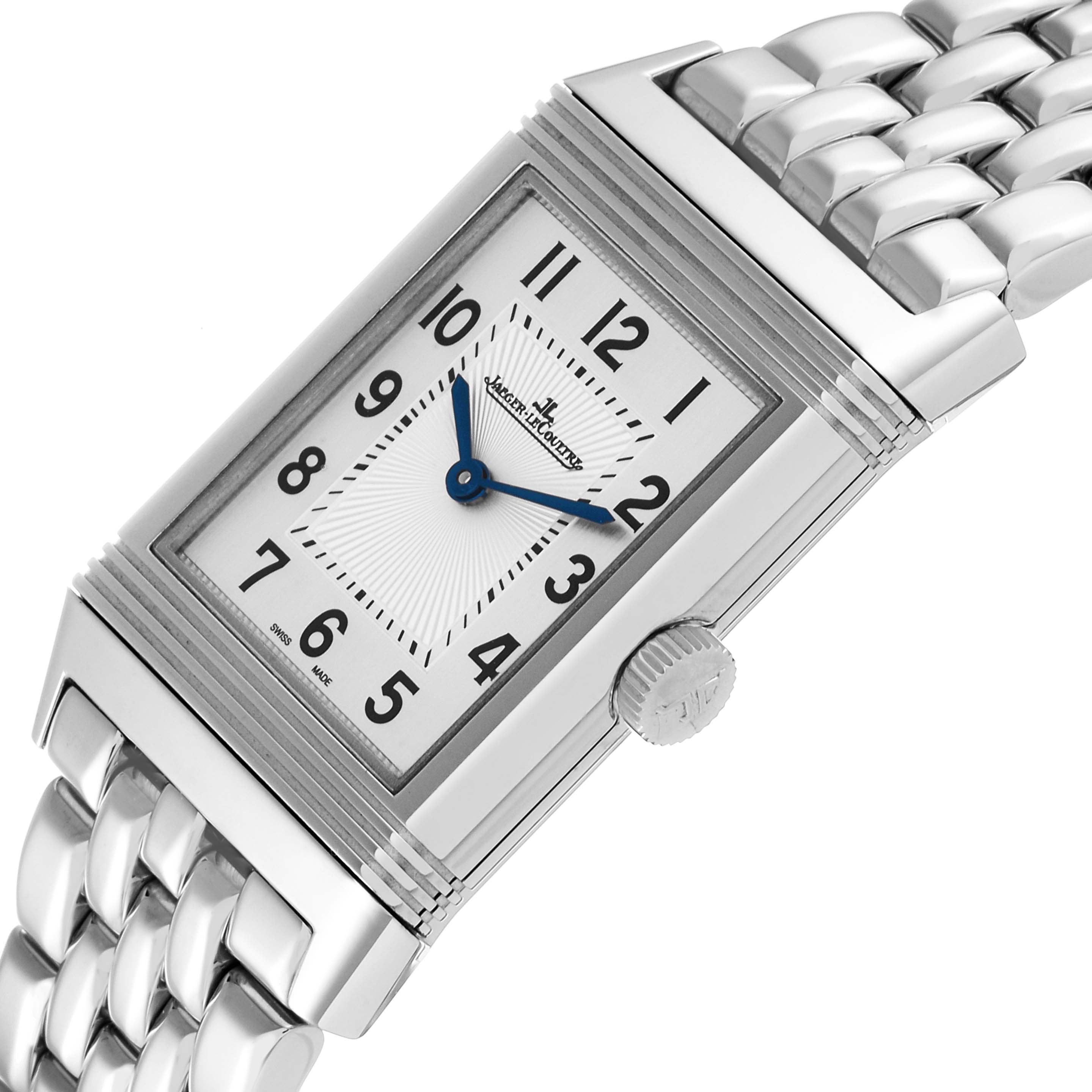 The image shows a close-up angled view of the Jaeger LeCoultre Reverso Q2548120 Men's Stainless Steel Silver Dial Q2548120 Men's Stainless Steel Silver Dial watch face, crown, and part of its metal bracelet.
