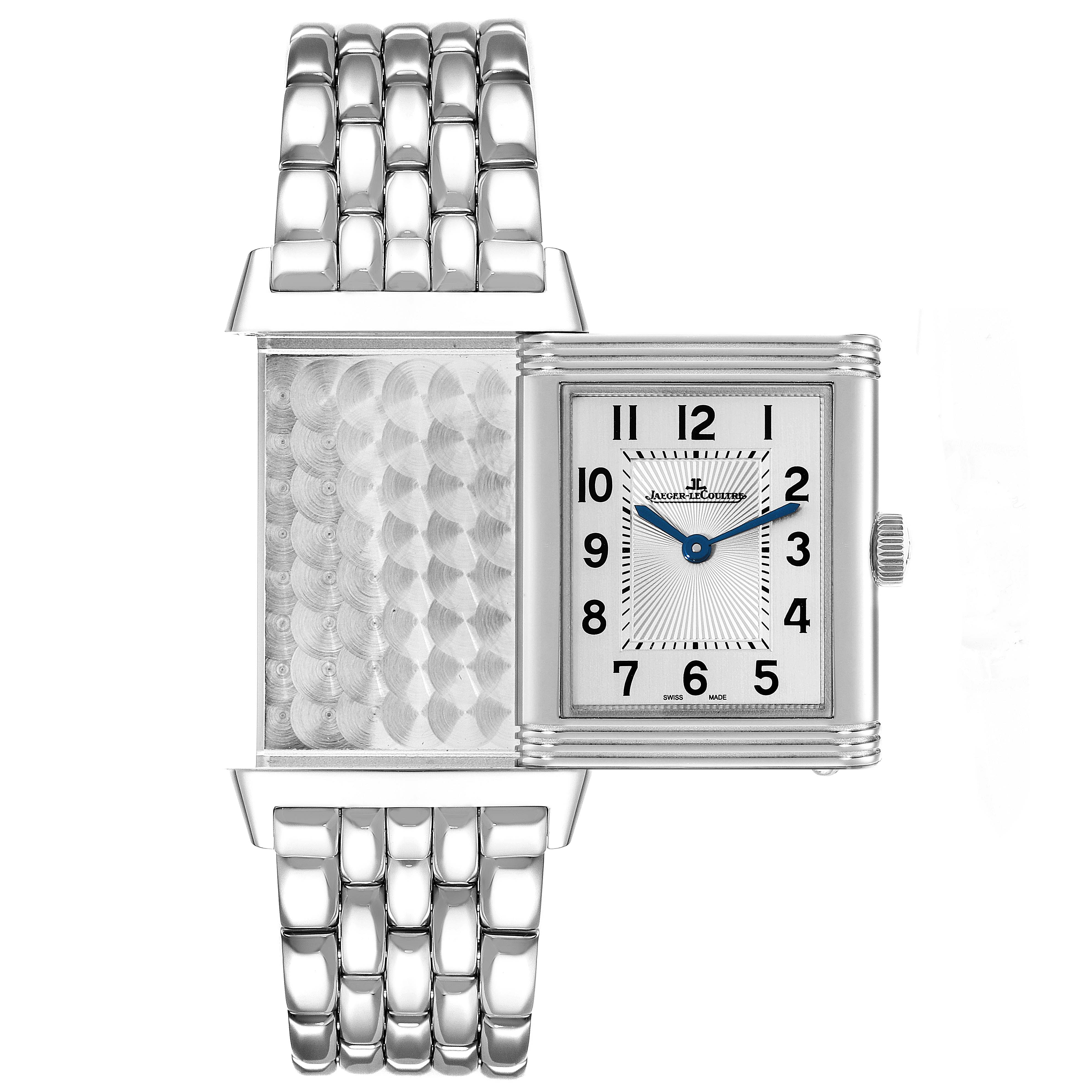 The image shows a front view of a Jaeger-LeCoultre Reverso watch with its case partially rotated to display the inner decoration and the dial.