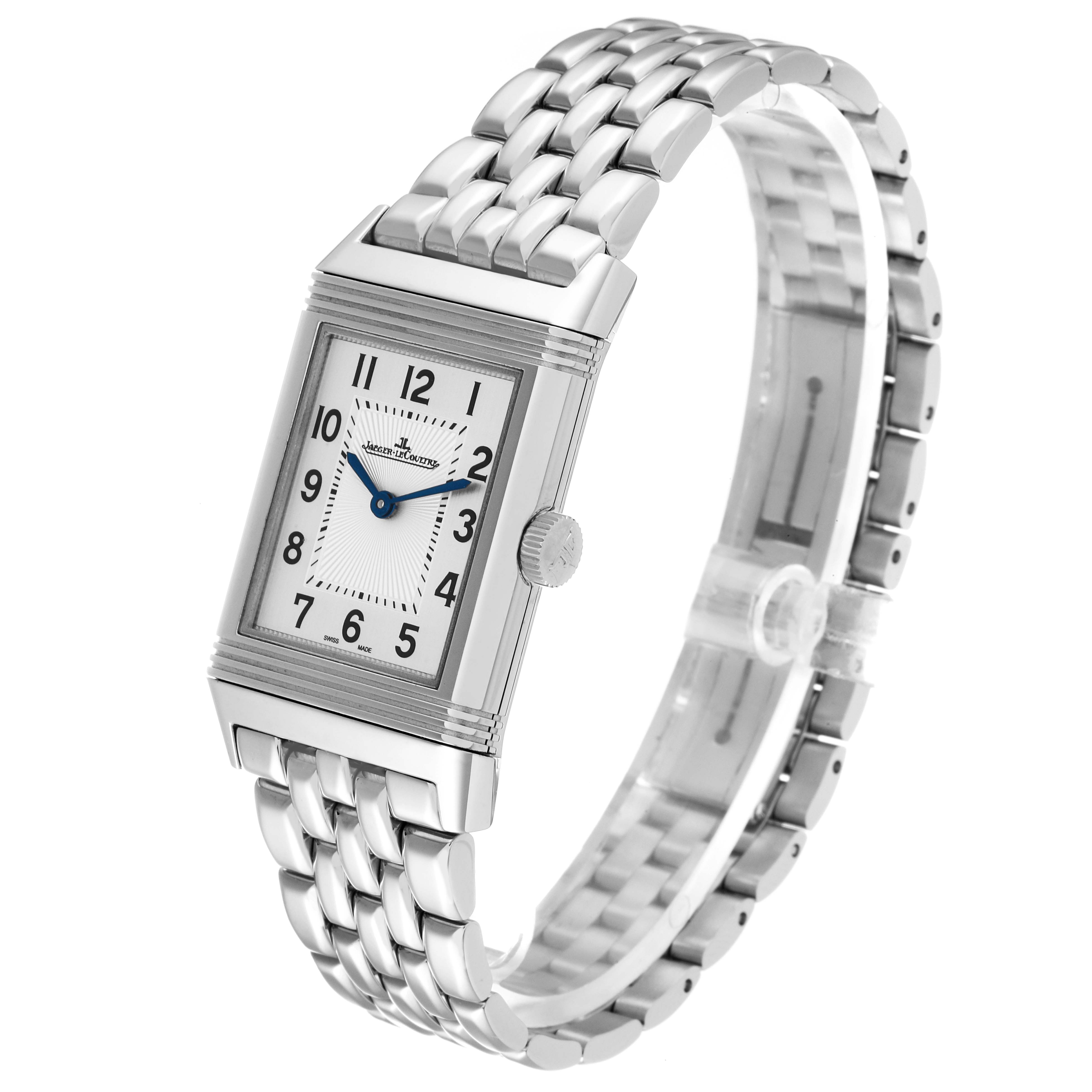 This Jaeger-LeCoultre Reverso watch is shown at a three-quarter angle, highlighting its rectangular face, crown, and bracelet.