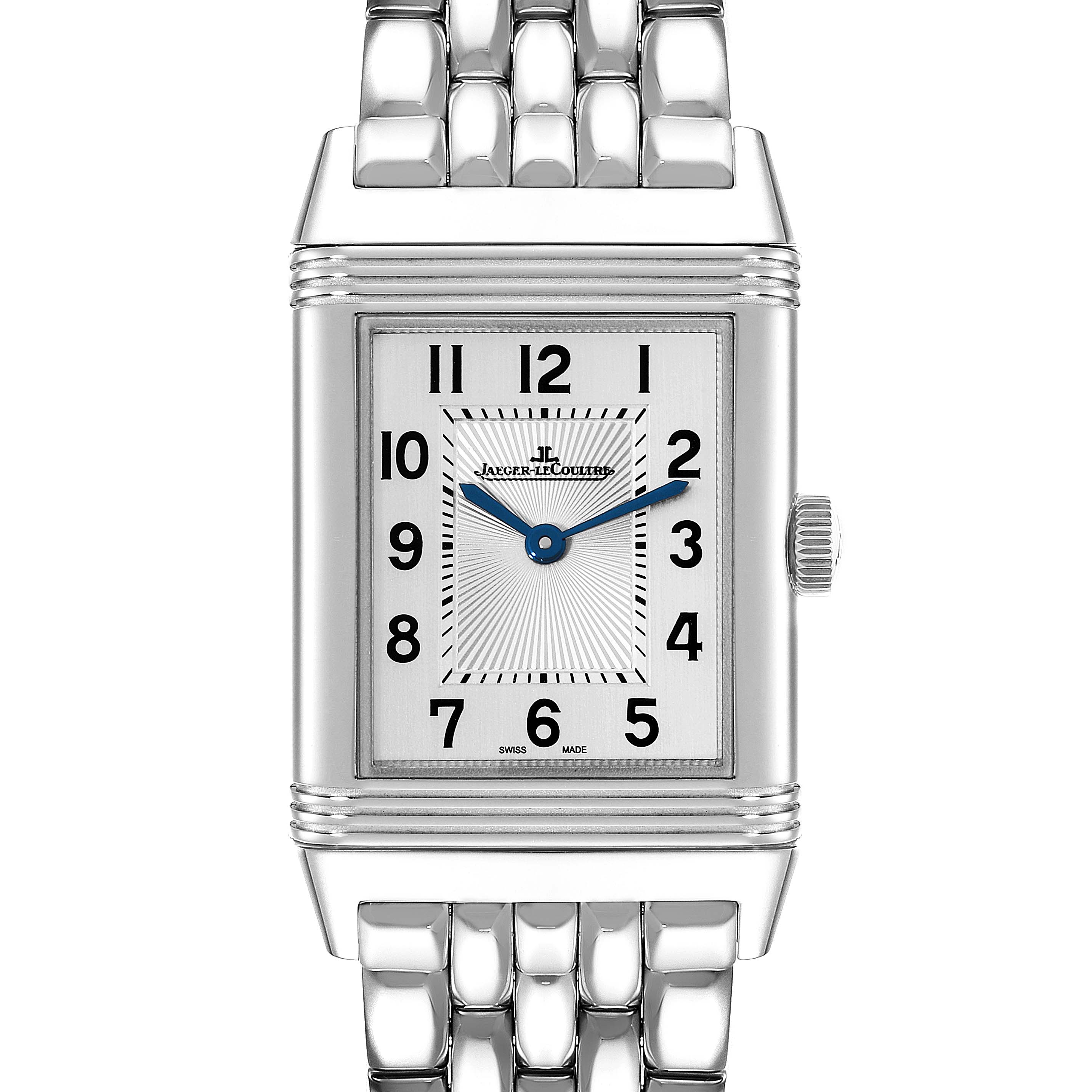 The image shows a front view of a Jaeger LeCoultre Reverso Q2548120 Men's Stainless Steel Silver Dial Q2548120 Men's Stainless Steel Silver Dial watch, displaying its rectangular face, blue hands, and bracelet.
