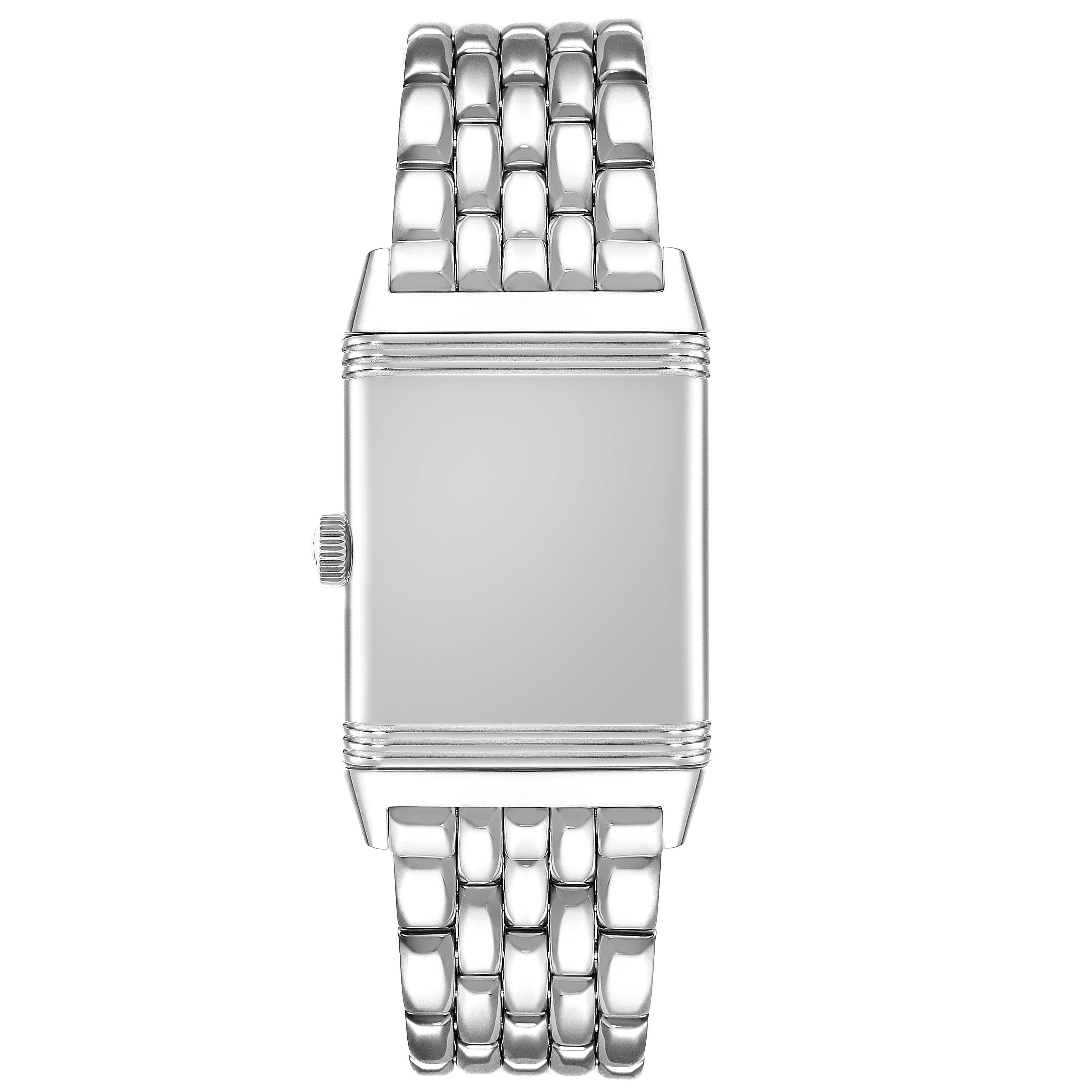 This image shows a top-down view of the Jaeger LeCoultre Reverso Q2548120 Men's Stainless Steel Silver Dial Q2548120 Men's Stainless Steel Silver Dial watch, highlighting the watch face and metal bracelet.