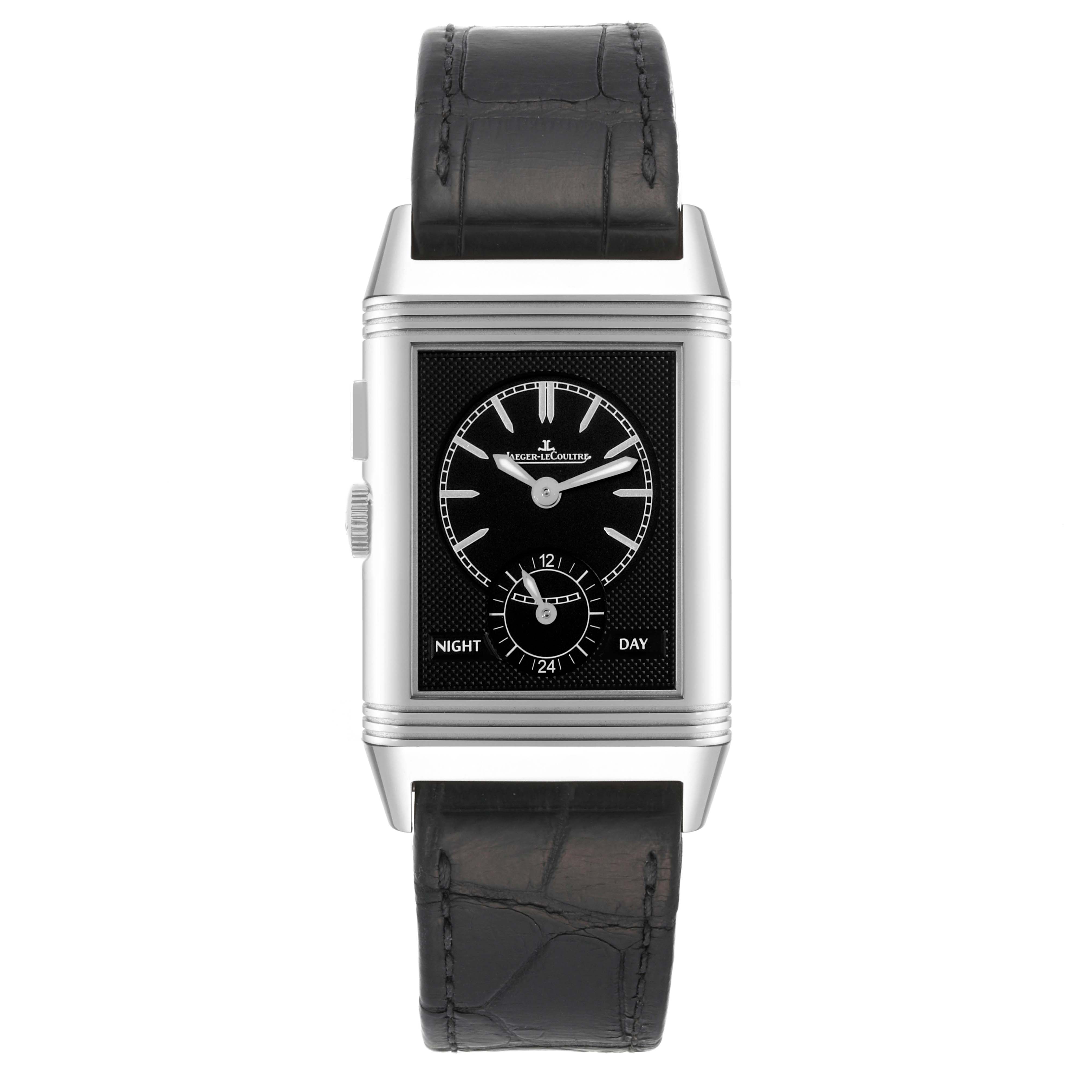 The image shows the front view of a Jaeger-LeCoultre Reverso watch, highlighting the dial, case, strap, and crown.