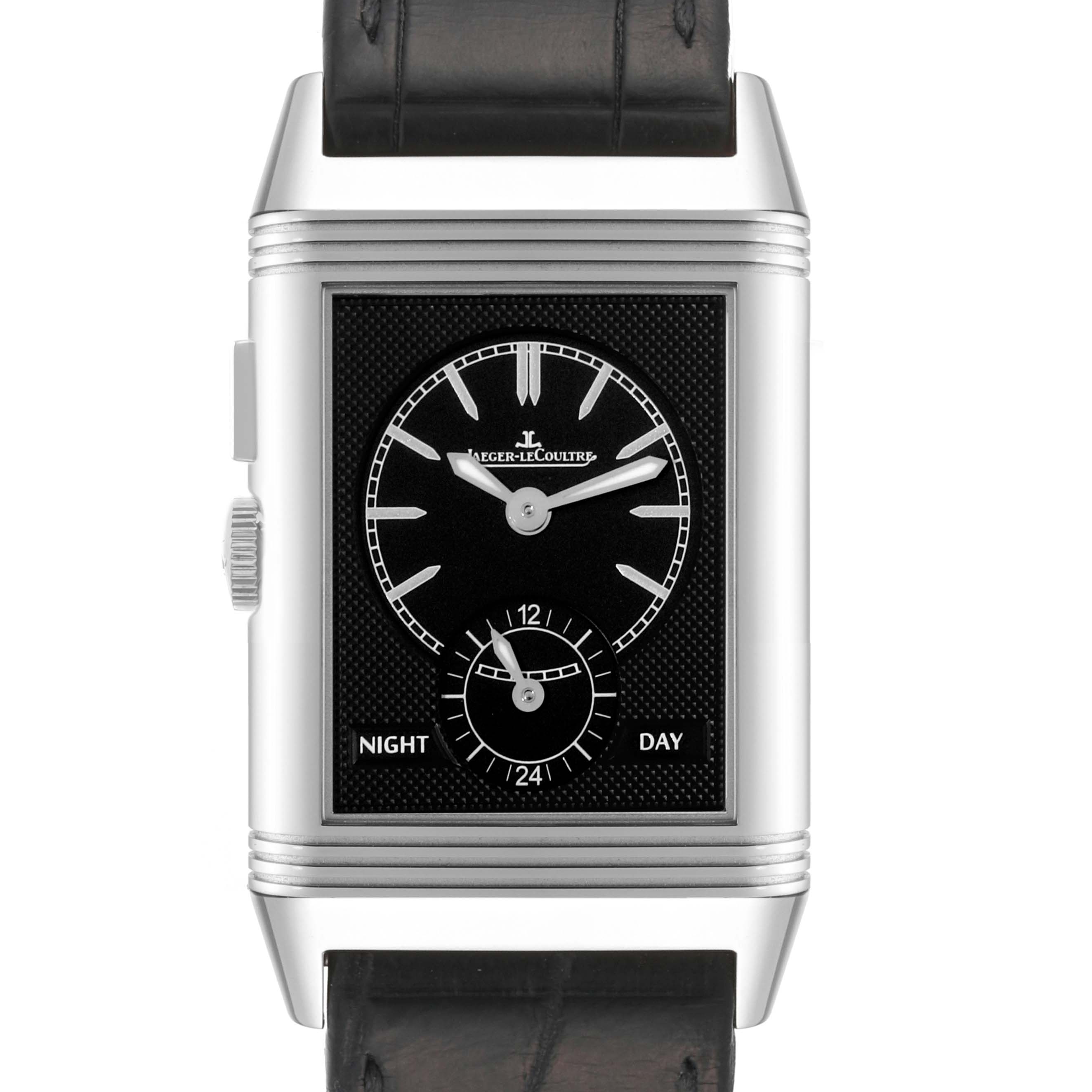The image shows a front view of the Jaeger-LeCoultre Reverso watch, displaying its face and leather strap.