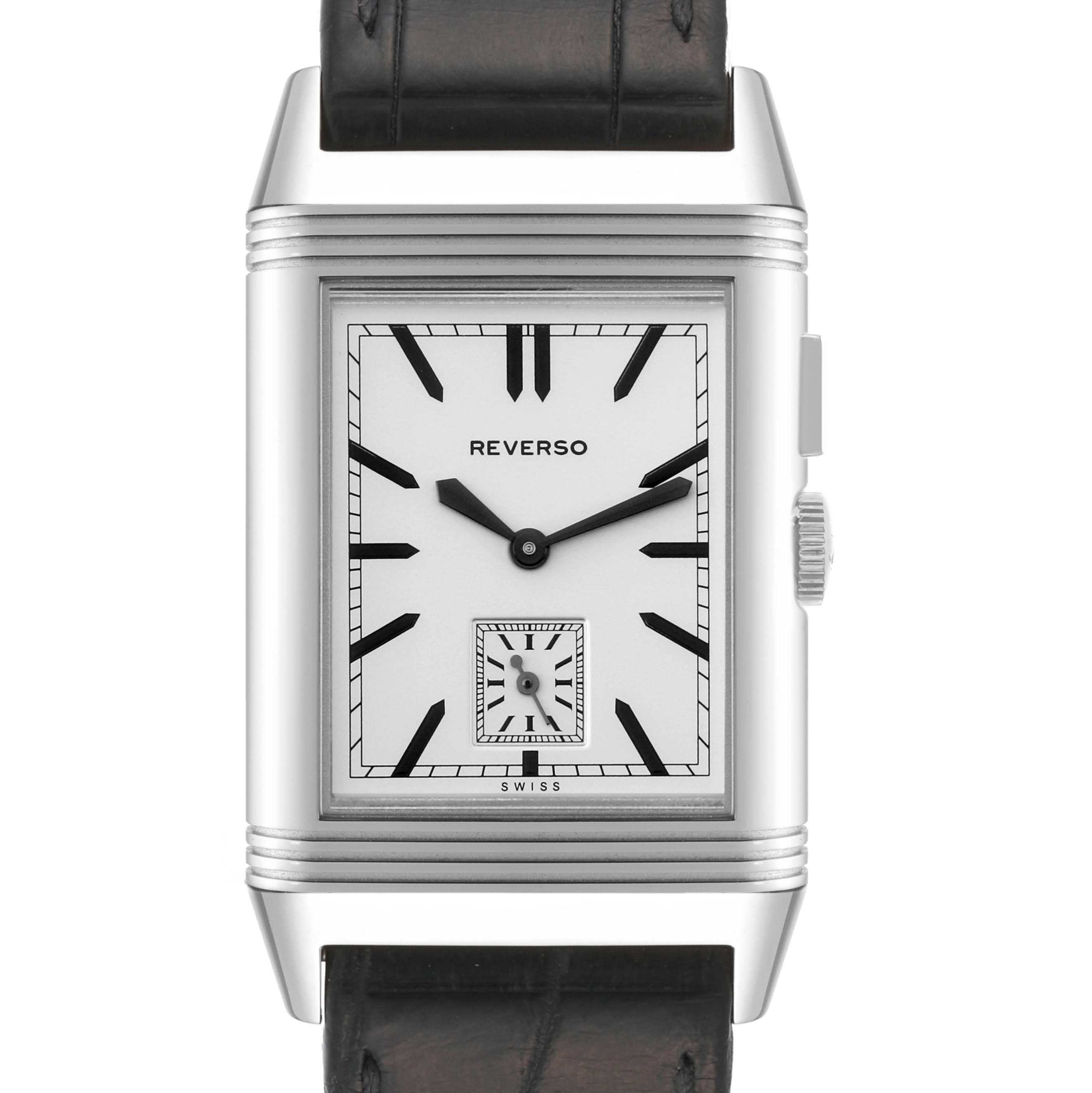 The image displays a front view of a Jaeger-LeCoultre Reverso watch, showing its rectangular face, dial, and strap.