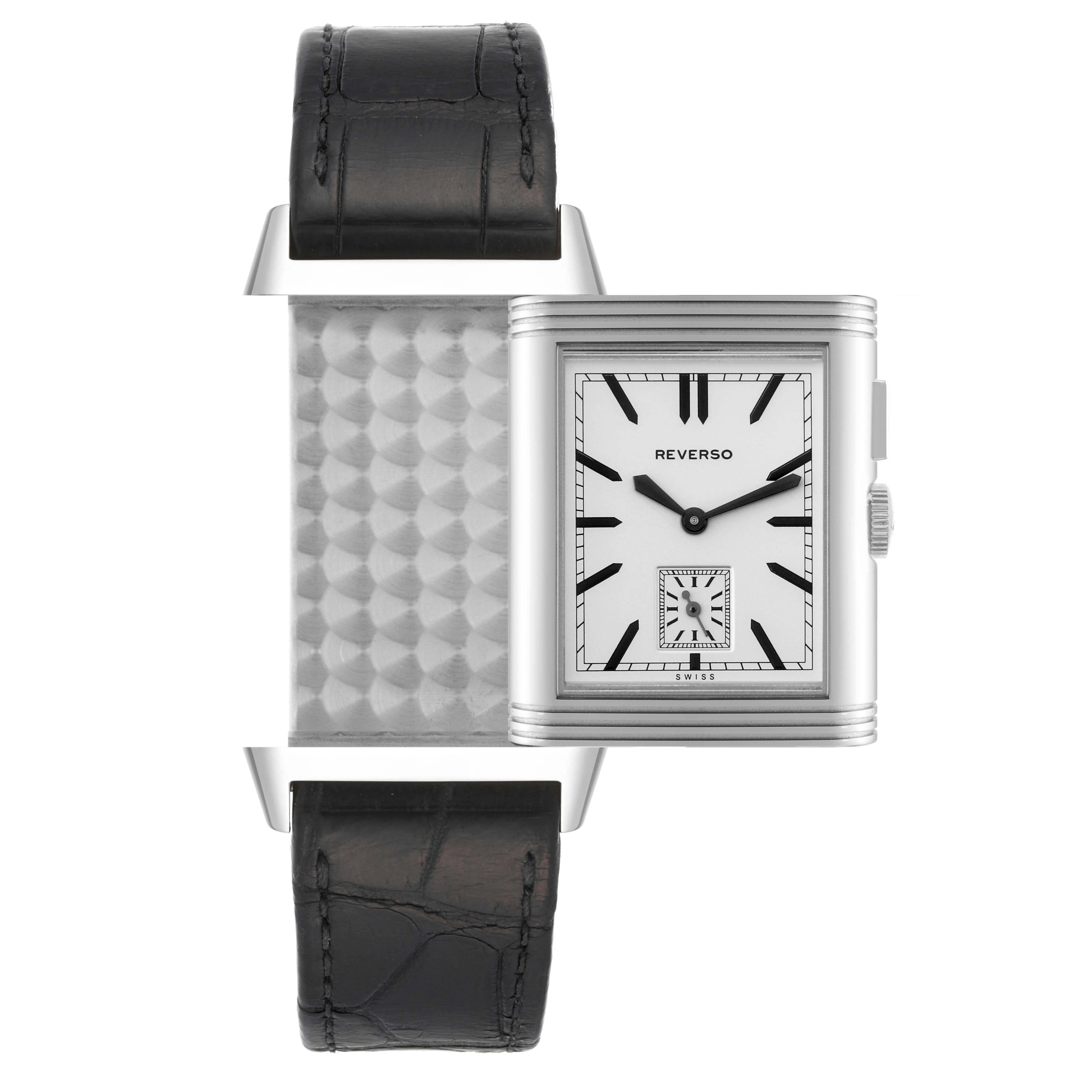 The image shows a Jaeger LeCoultre Reverso Q3788570 Men's Stainless Steel Silver Dial Q3788570 Men's Stainless Steel Silver Dial watch in a rectangular face, partially rotated to display the reverse side and black leather straps.