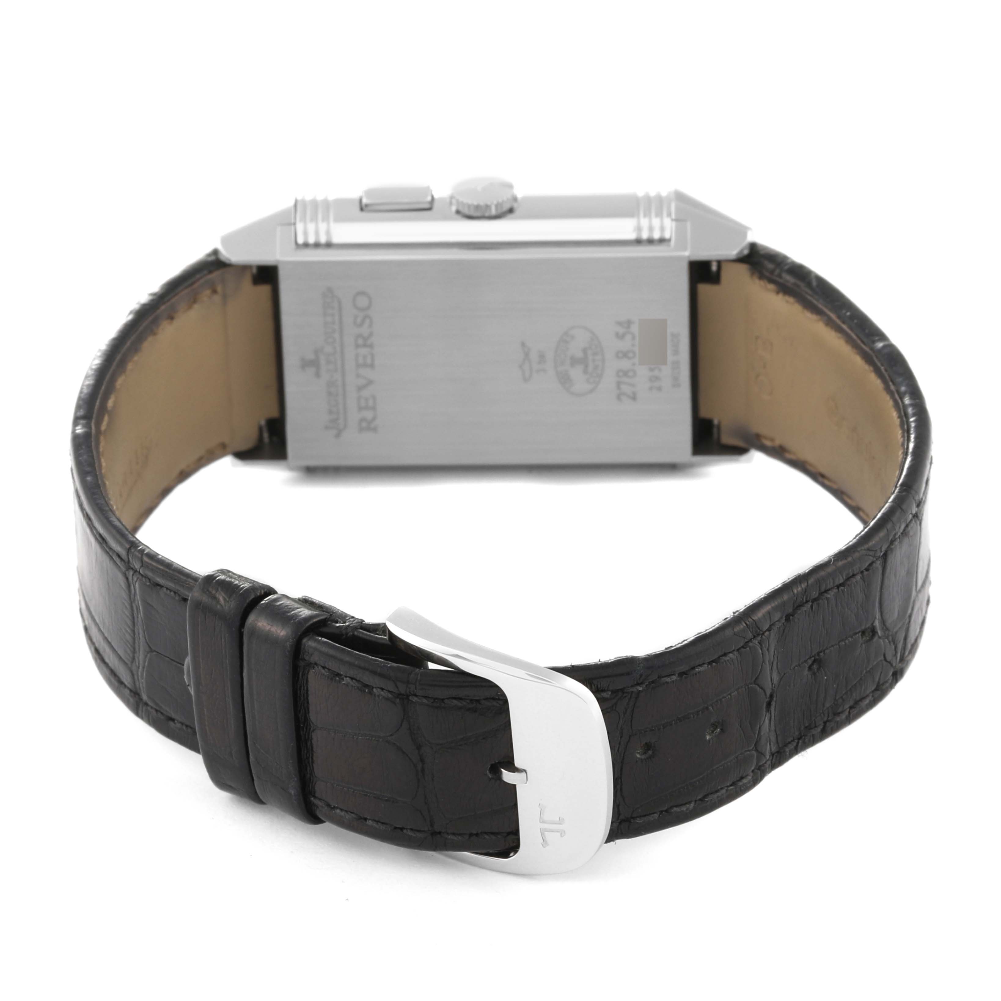 The image shows the back of the Jaeger LeCoultre Reverso Q3788570 Men's Stainless Steel Silver Dial Q3788570 Men's Stainless Steel Silver Dial watch, highlighting the case, crown, and black leather strap with a buckle.