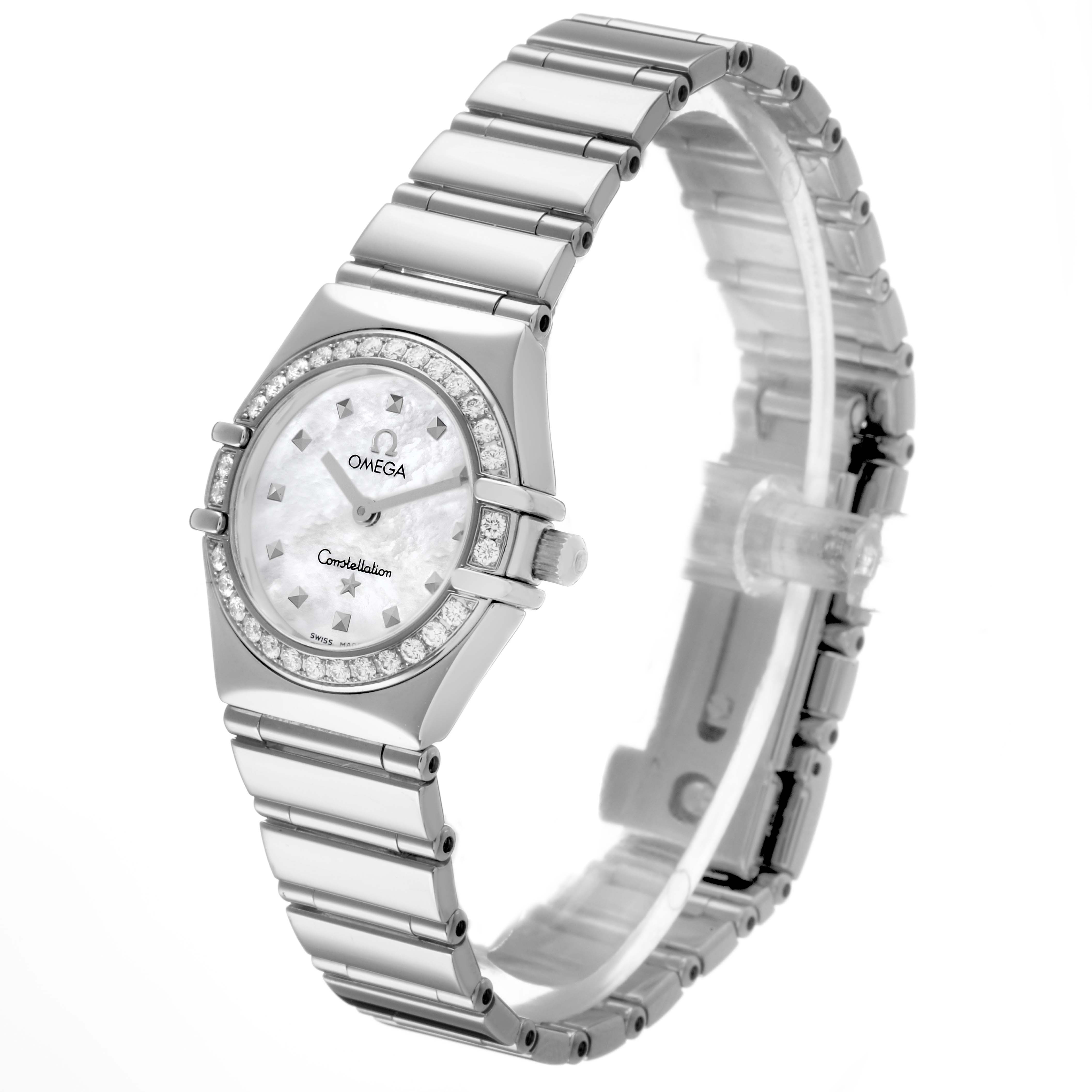 The Omega 1465.71.00 Women's Stainless Steel Mother of Pearl Dial Constellation My Choice watch is shown in a side angle, displaying the face, bezel, and bracelet.