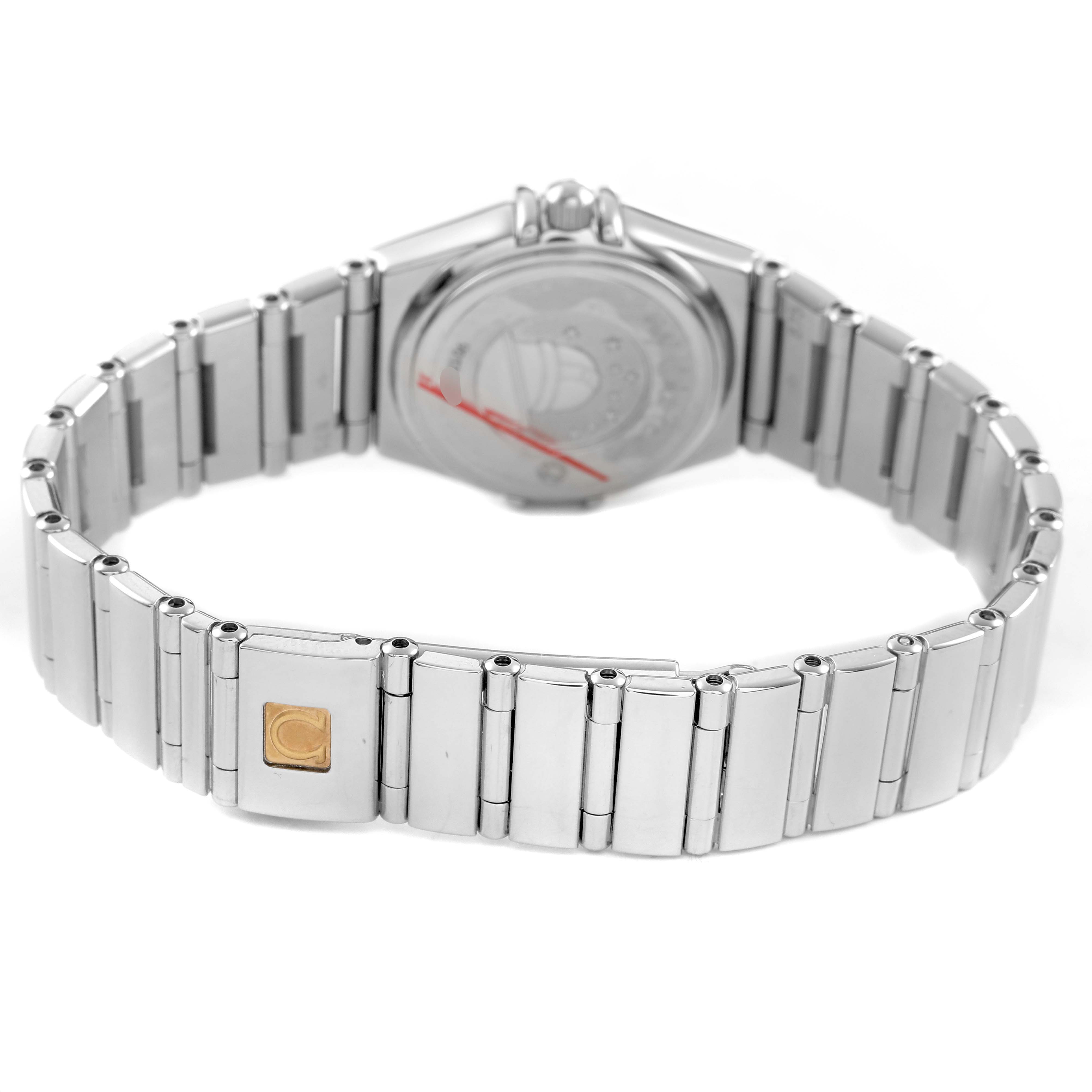 The image shows the back and bracelet of the Omega 1465.71.00 Women's Stainless Steel Mother of Pearl Dial Constellation My Choice 1465.71.00 in a partially open position.