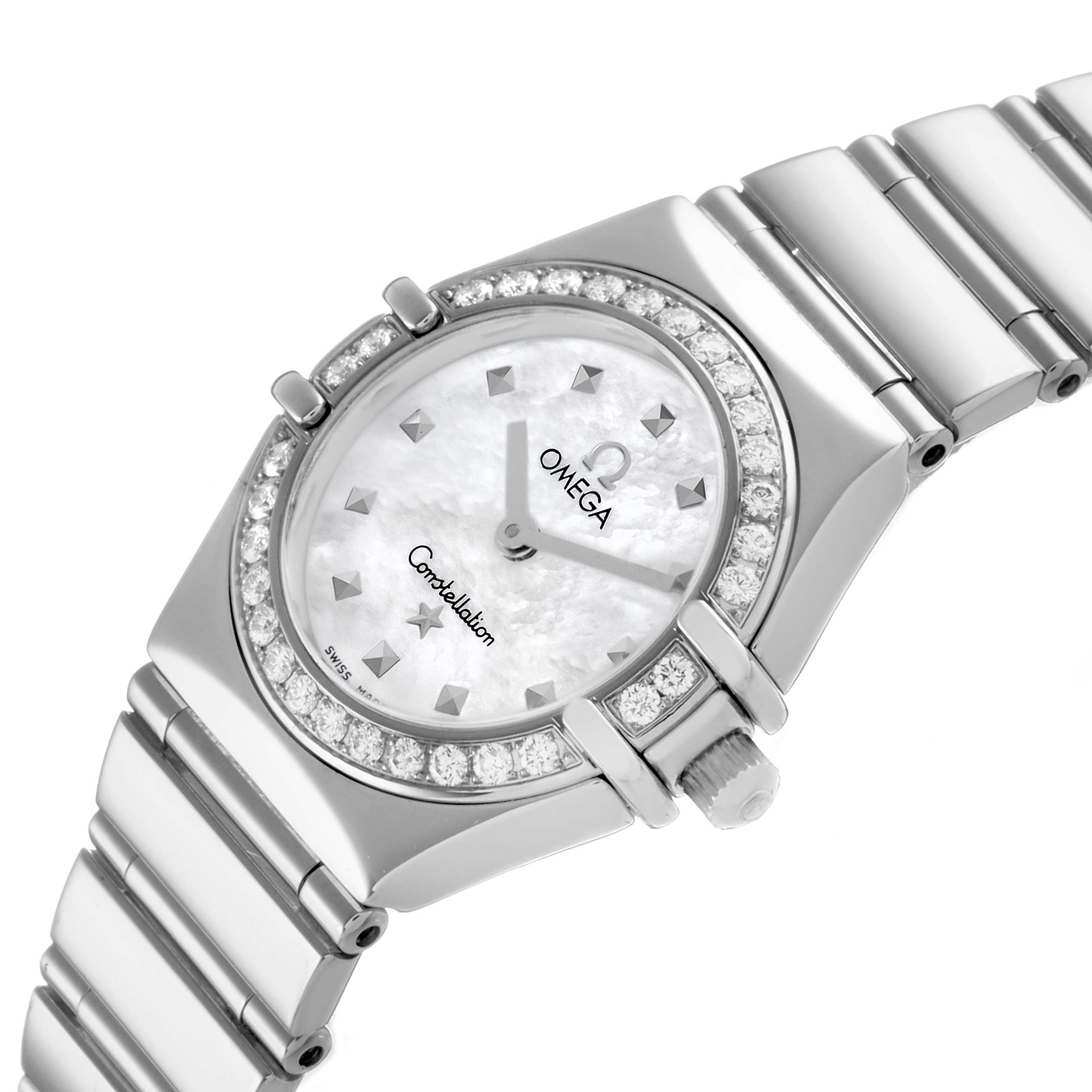 The Omega 1465.71.00 Women's Stainless Steel Mother of Pearl Dial Constellation My Choice MOP Diamond Steel Ladies Watch 1465.71.00 is shown from a top angle, highlighting the bezel and bracelet.