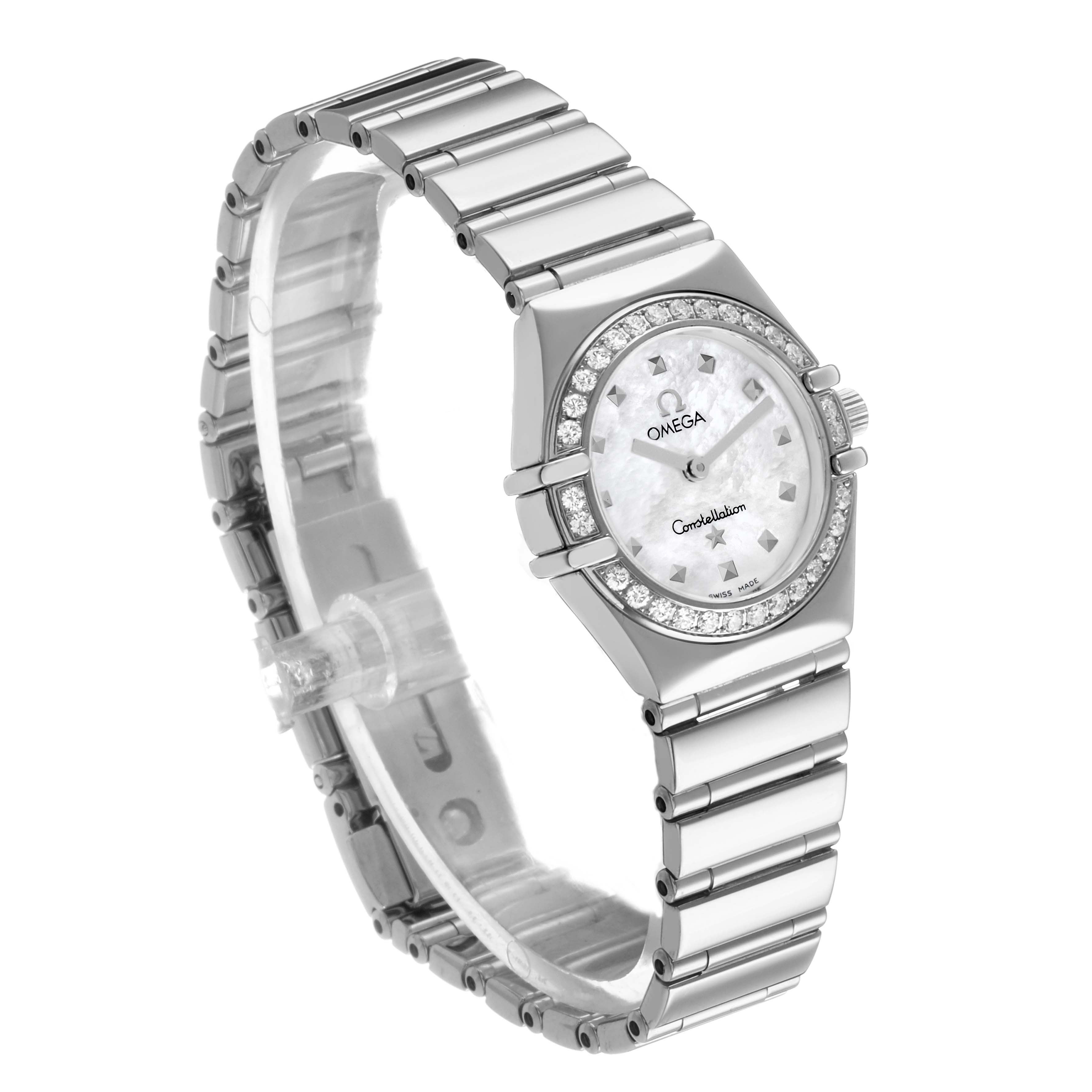 The Omega 1465.71.00 Women's Stainless Steel Mother of Pearl Dial Constellation My Choice watch is shown at a three-quarter angle, highlighting the face, diamonds, bezel, and bracelet.