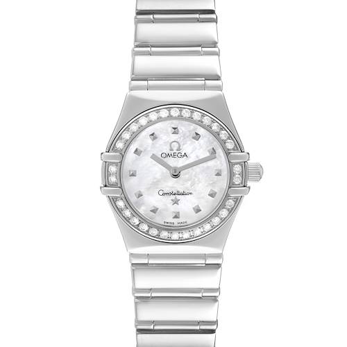 The Omega 1465.71.00 Women's Stainless Steel Mother of Pearl Dial Constellation My Choice watch is shown from the front, highlighting its diamond bezel and mother-of-pearl dial.