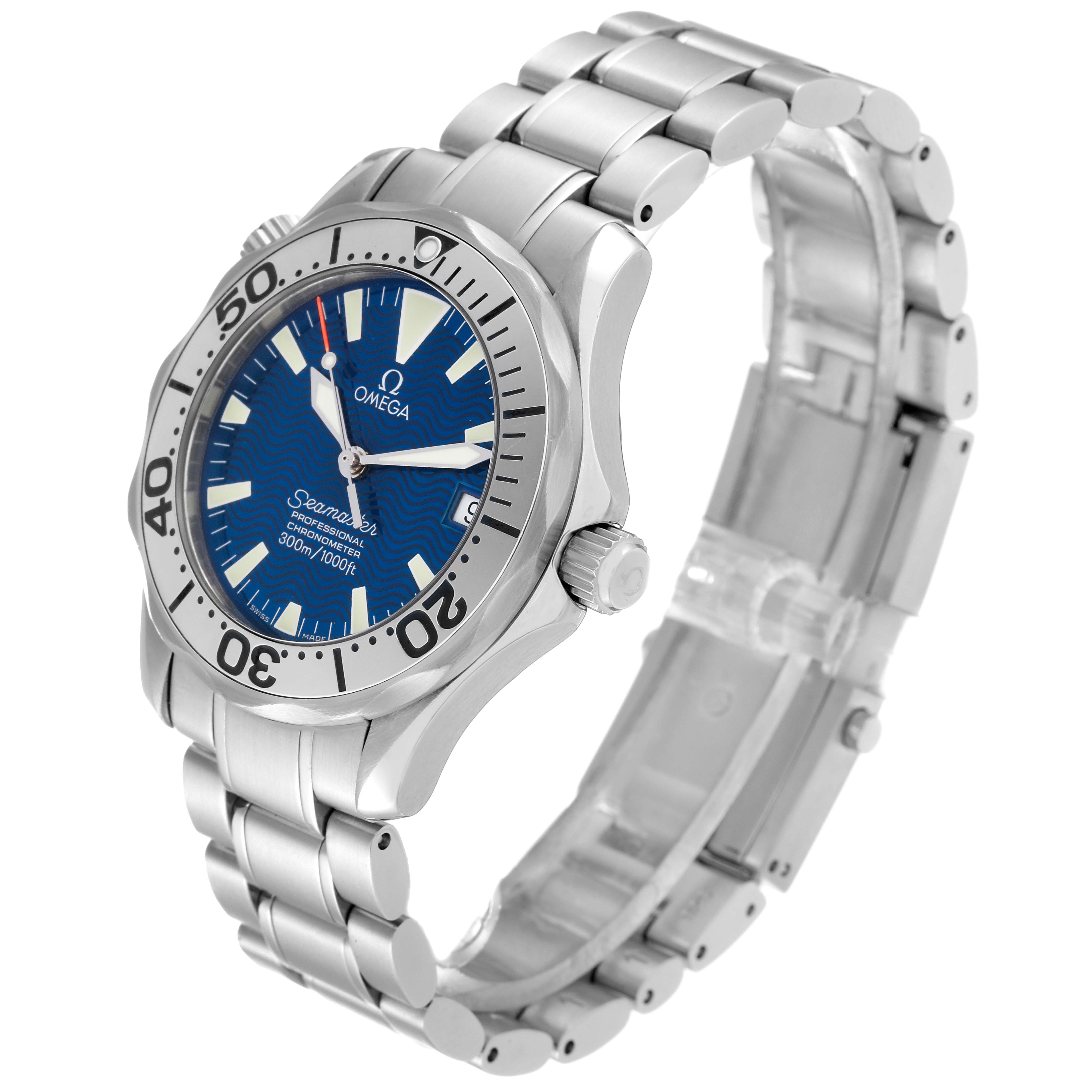 The Omega Seamaster 2253.80.00 Men
s Stainless Steel Blue Dial 2253.80.00 Men
s Stainless Steel Blue Dial watch is shown at a three-quarter angle, displaying the face, bezel, crown, and stainless-steel bracelet.