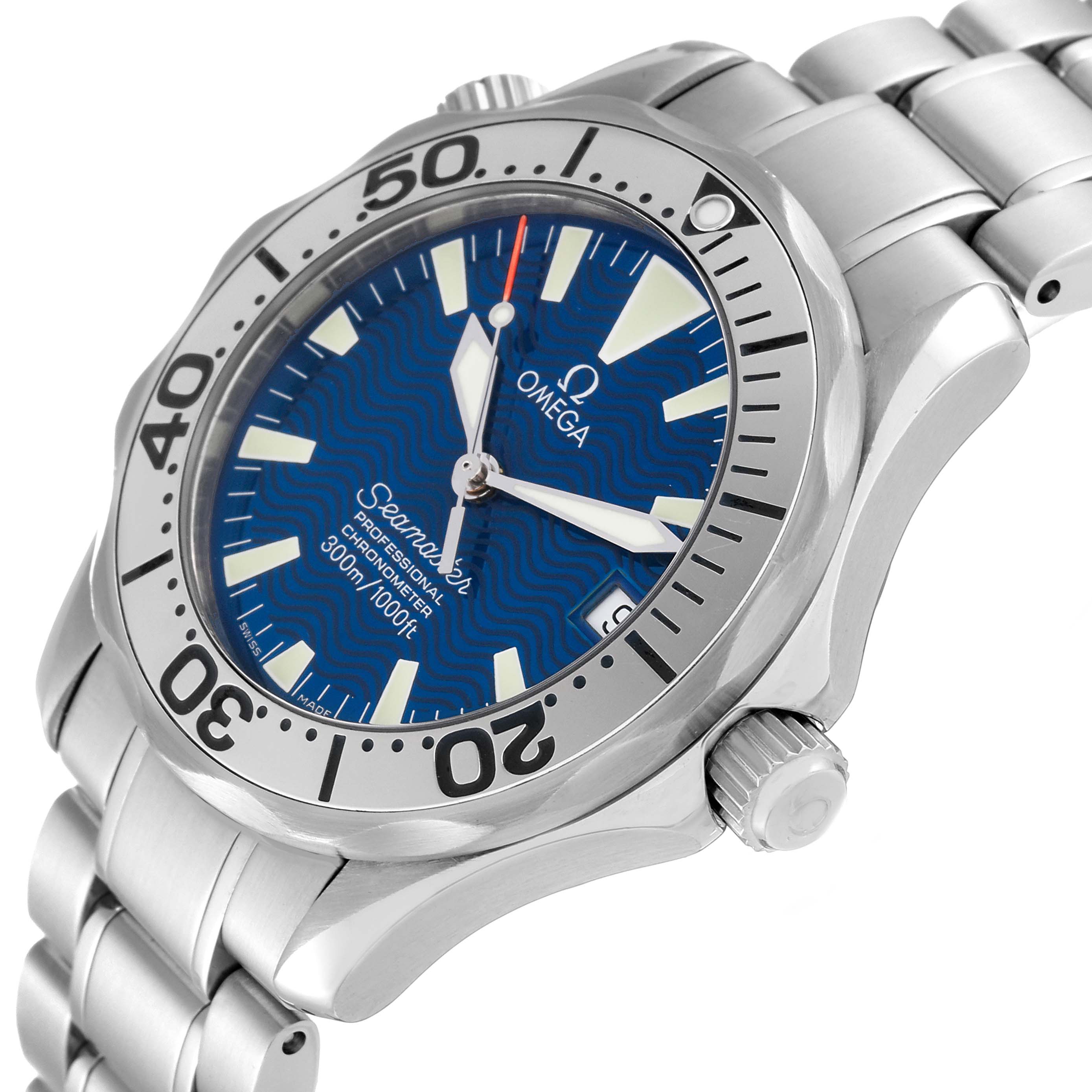 The image shows a close-up angled view of an Omega Seamaster 2253.80.00 Men
s Stainless Steel Blue Dial 2253.80.00 Men
s Stainless Steel Blue Dial watch, highlighting its bezel, face, and part of the bracelet.