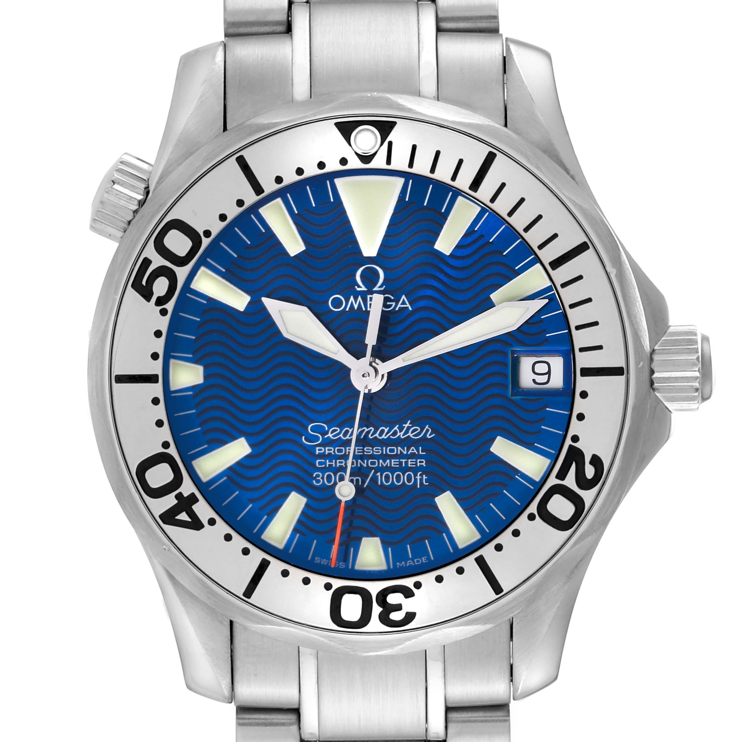 This is a front view of an Omega Seamaster 2253.80.00 Men
s Stainless Steel Blue Dial 2253.80.00 Men
s Stainless Steel Blue Dial watch, displaying the dial, bezel, and part of the bracelet.