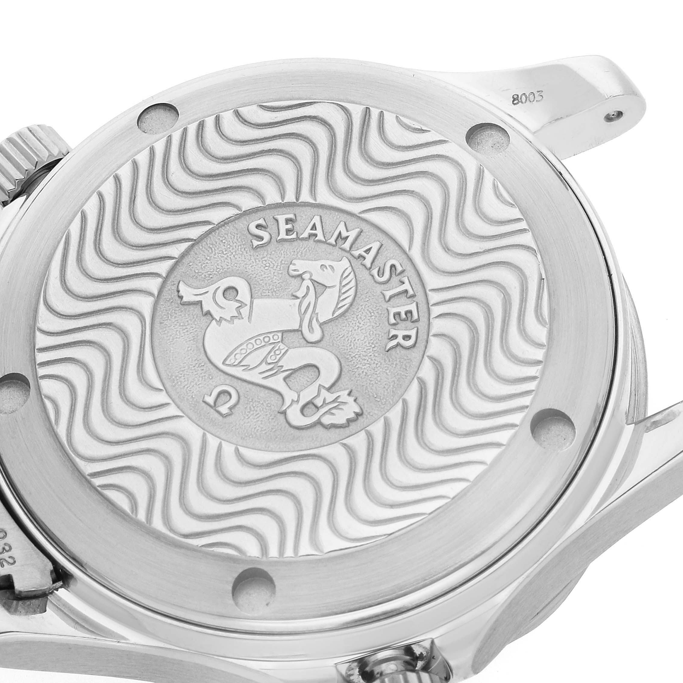 This image shows the case back of an Omega Seamaster 2253.80.00 Men
s Stainless Steel Blue Dial 2253.80.00 Men
s Stainless Steel Blue Dial watch from a rear angle.