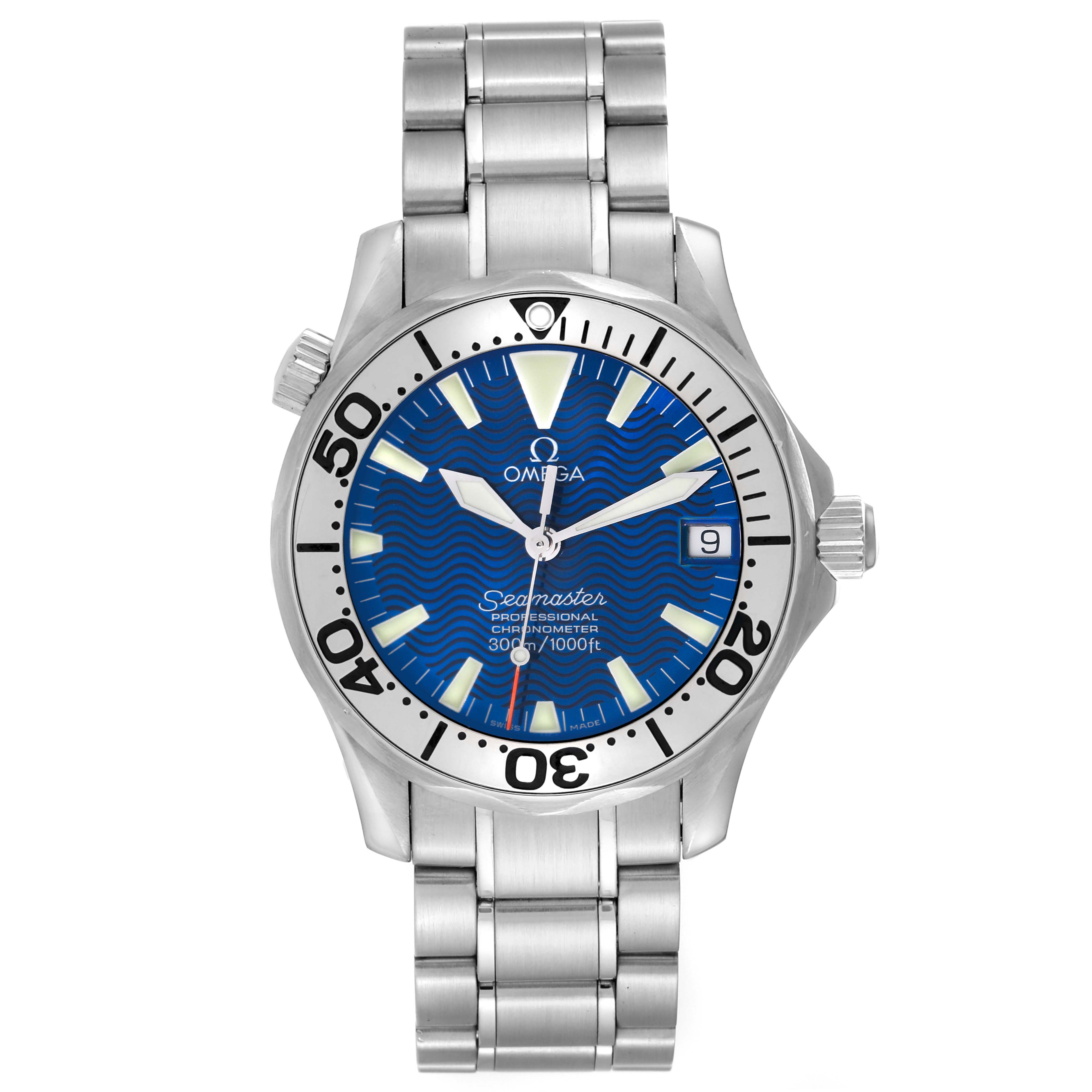 The image shows a front view of an Omega Seamaster 2253.80.00 Men
s Stainless Steel Blue Dial 2253.80.00 Men
s Stainless Steel Blue Dial watch, displaying its face, bezel, and metal bracelet.