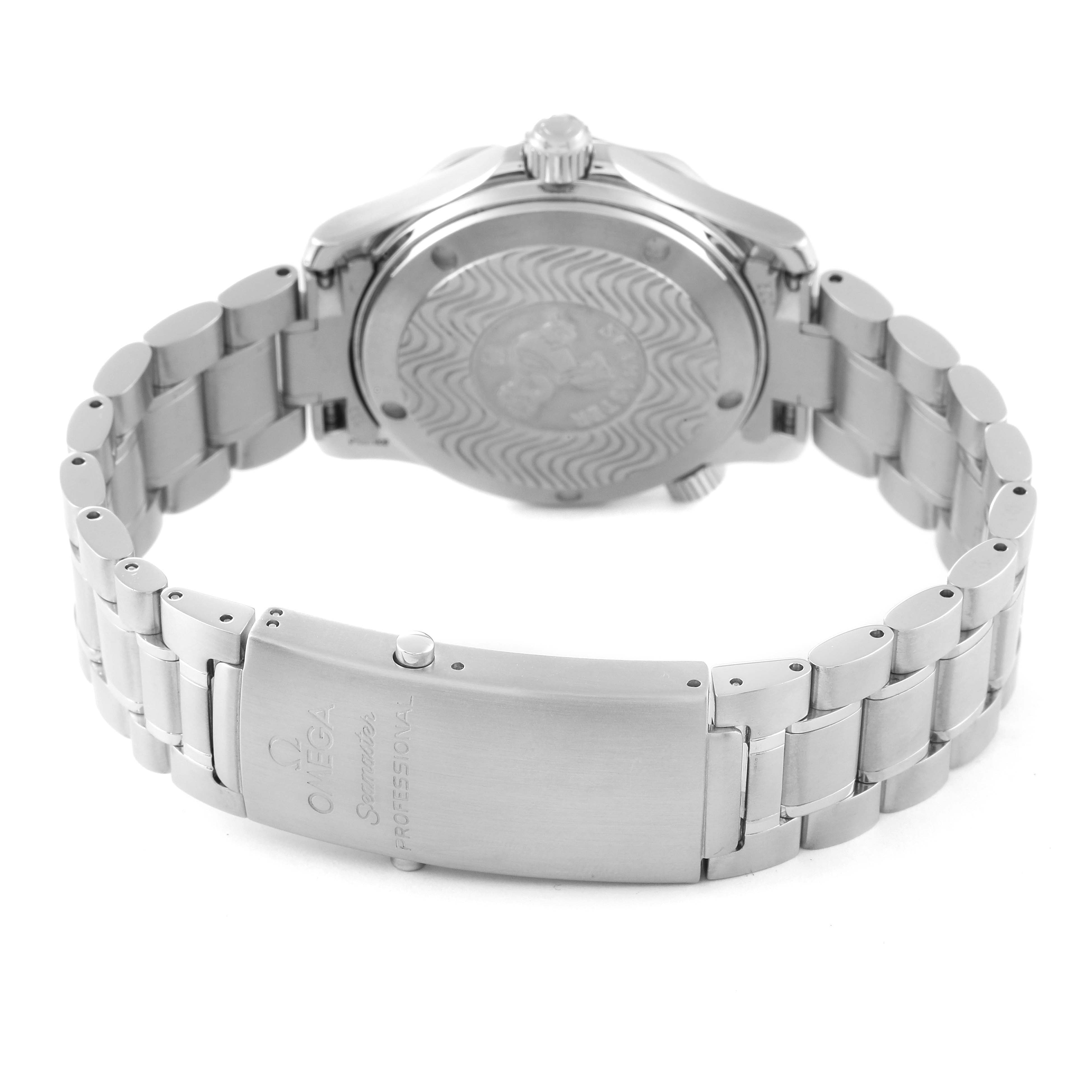 The image shows the back case and clasp of the Omega Seamaster 2253.80.00 Men's Stainless Steel Blue Dial 2253.80.00 Men's Stainless Steel Blue Dial watch, including the stainless steel bracelet and engraved case back.