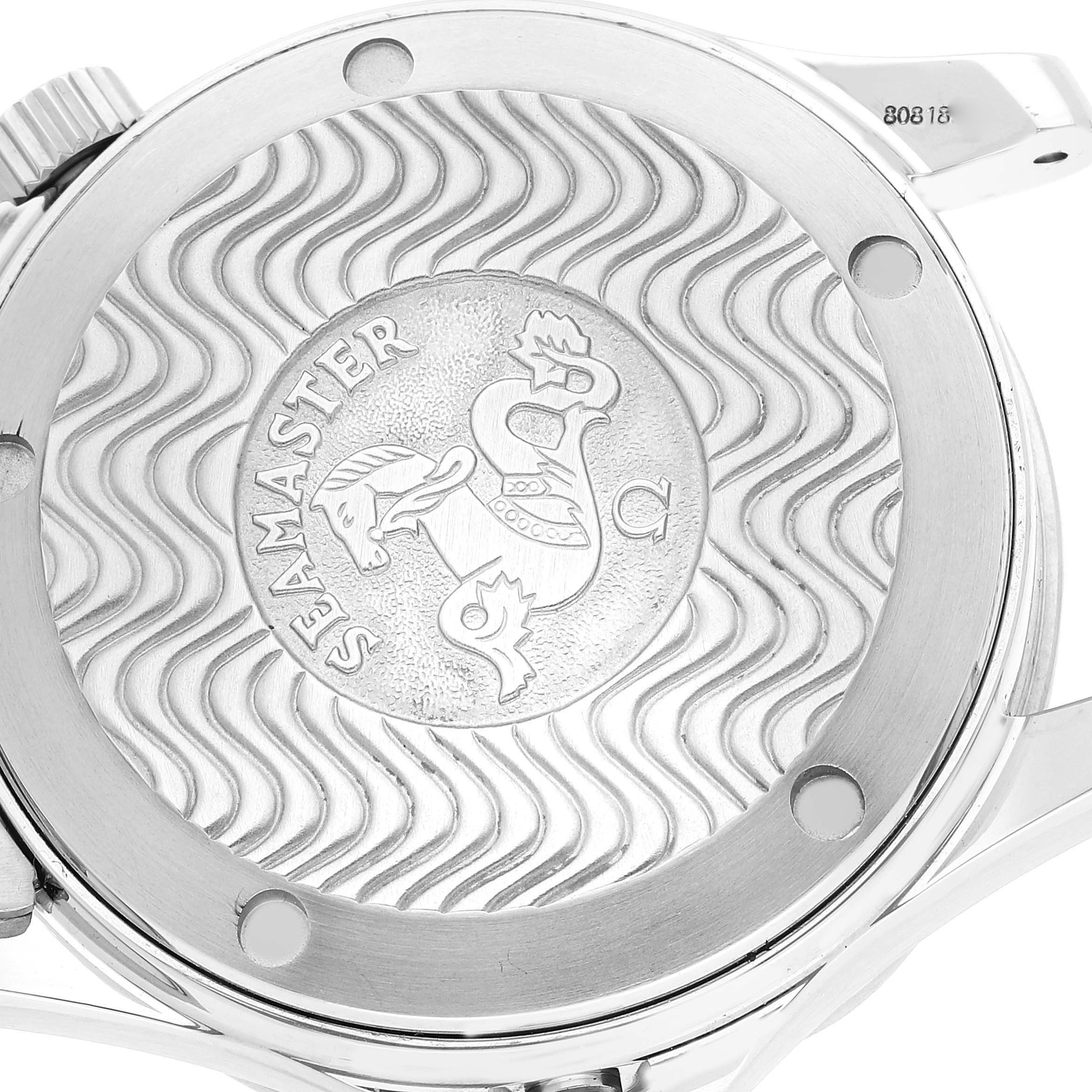 The image shows the case back of an Omega Seamaster 2253.80.00 Men's Stainless Steel Blue Dial 2253.80.00 Men's Stainless Steel Blue Dial watch, displaying its engraved logo and wave pattern design.