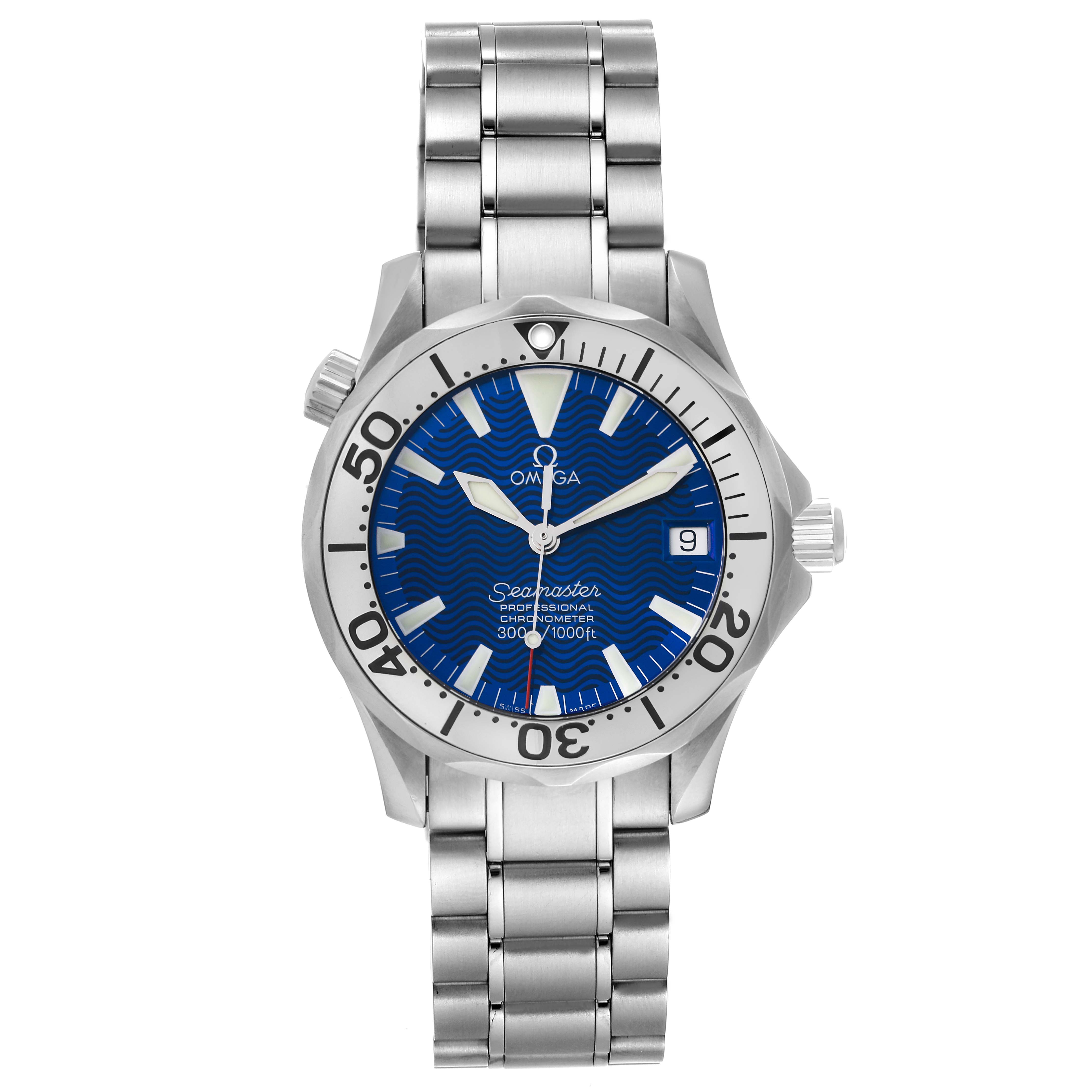 This image shows a front view of the Omega Seamaster 2253.80.00 Men's Stainless Steel Blue Dial 2253.80.00 Men's Stainless Steel Blue Dial watch, displaying its dial, bezel, bracelet, and crown.