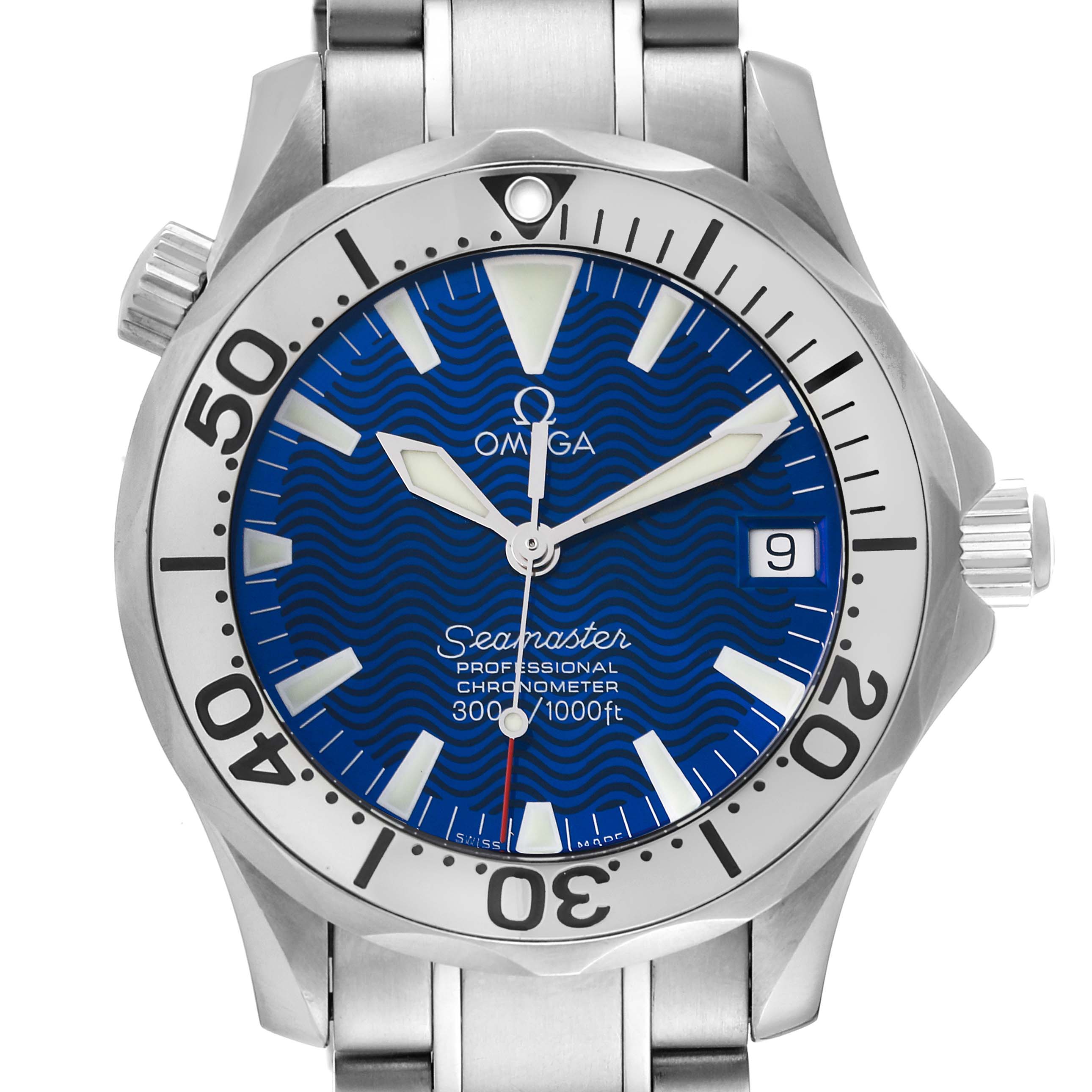 This image shows a frontal view of an Omega Seamaster 2253.80.00 Men's Stainless Steel Blue Dial 2253.80.00 Men's Stainless Steel Blue Dial watch, highlighting the blue dial, hands, bezel, and part of the bracelet.