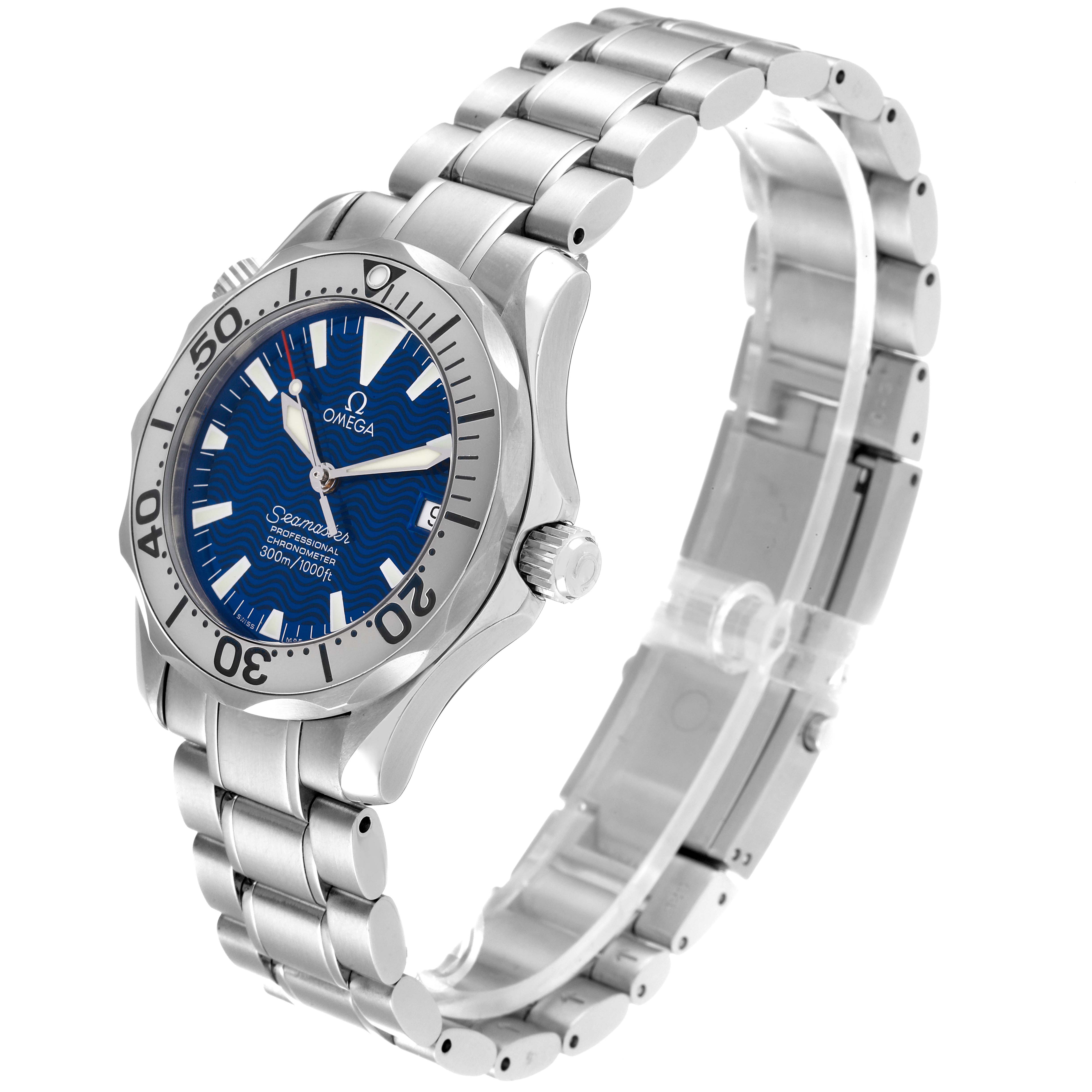 The image shows a side angle of the Omega Seamaster 2253.80.00 Men's Stainless Steel Blue Dial 2253.80.00 Men's Stainless Steel Blue Dial watch, highlighting its blue dial, bezel, and stainless steel bracelet.