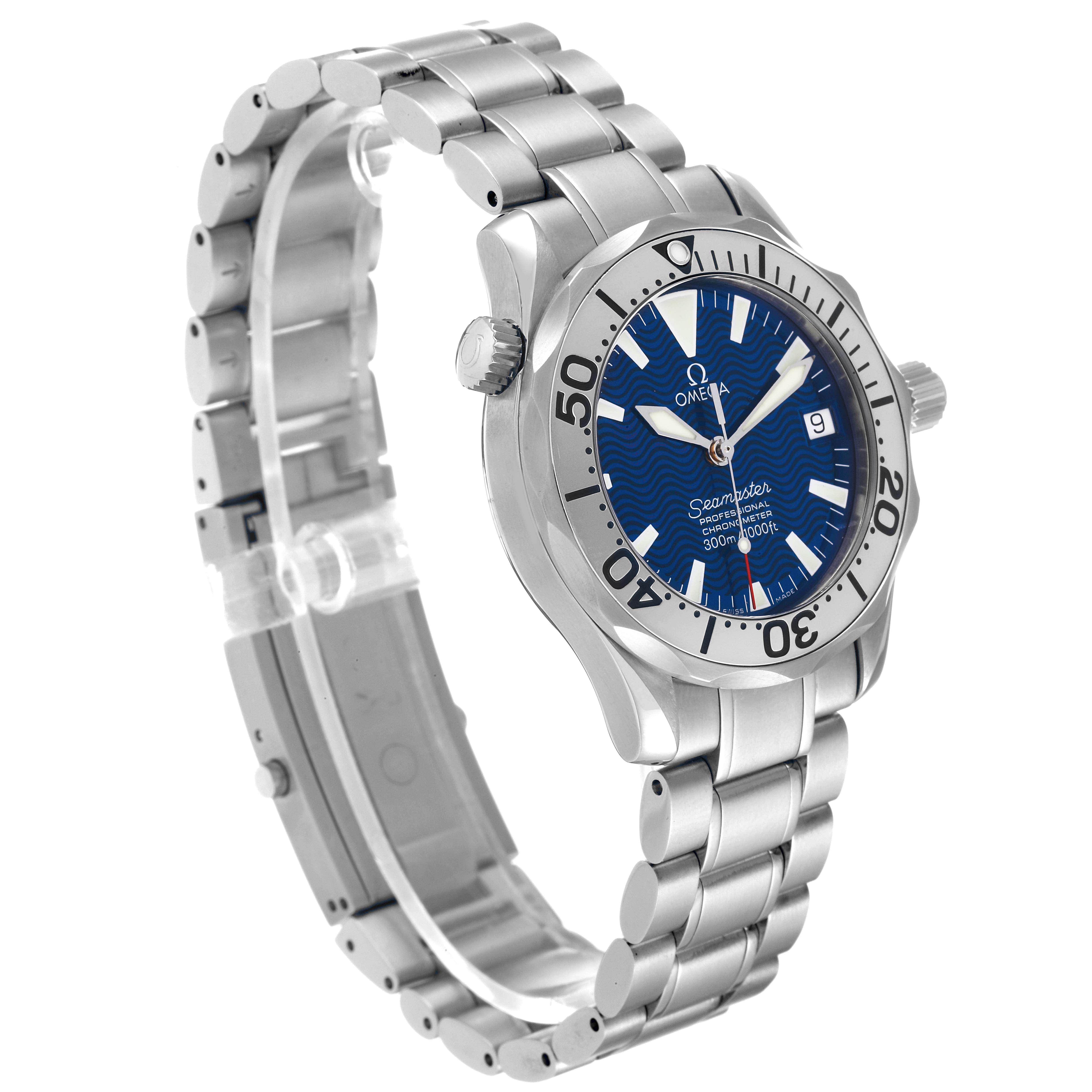 The image shows a side-angle view of the Omega Seamaster 2253.80.00 Men's Stainless Steel Blue Dial 2253.80.00 Men's Stainless Steel Blue Dial watch featuring the watch face, bezel, crown, and metal bracelet.