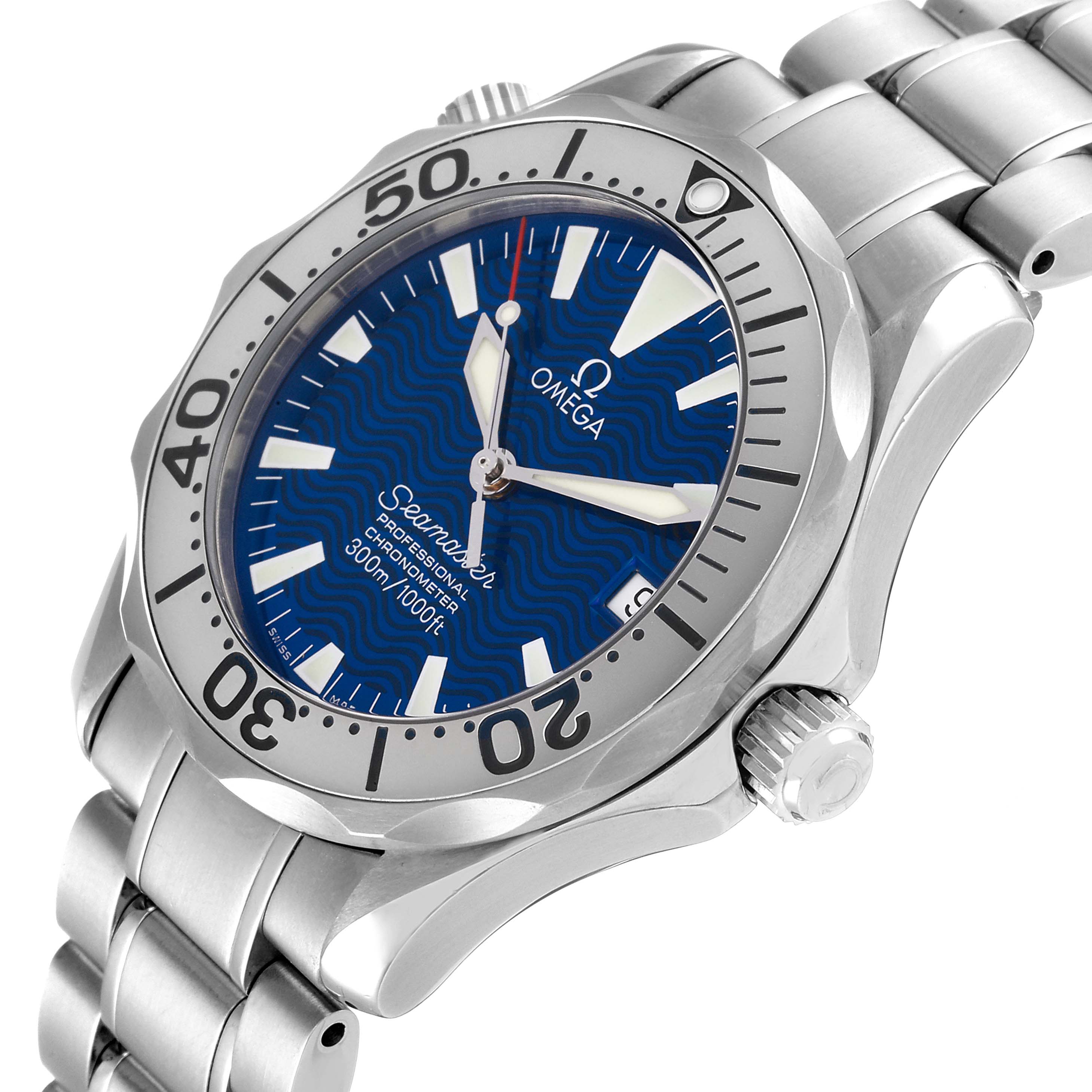 The Omega Seamaster 2253.80.00 Men's Stainless Steel Blue Dial 2253.80.00 Men's Stainless Steel Blue Dial watch is shown at a three-quarter angle, highlighting its bezel, dial, crown, and stainless steel bracelet.