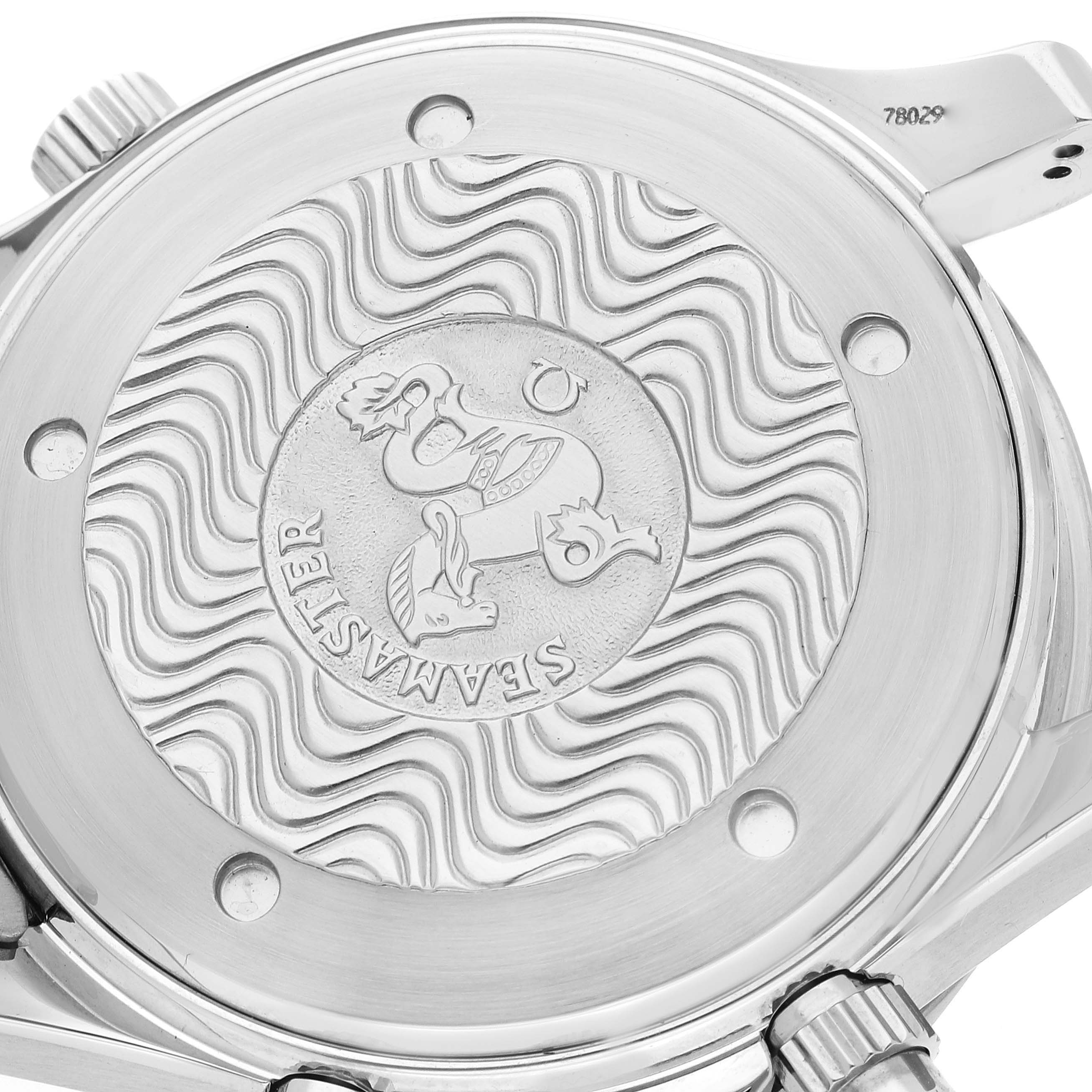 The image shows the case back of an Omega Seamaster 2594.50.00 Men
s Stainless Steel Black Dial 2594.50.00 Men
s Stainless Steel Black Dial watch, featuring an engraved wave pattern and Seamaster emblem.