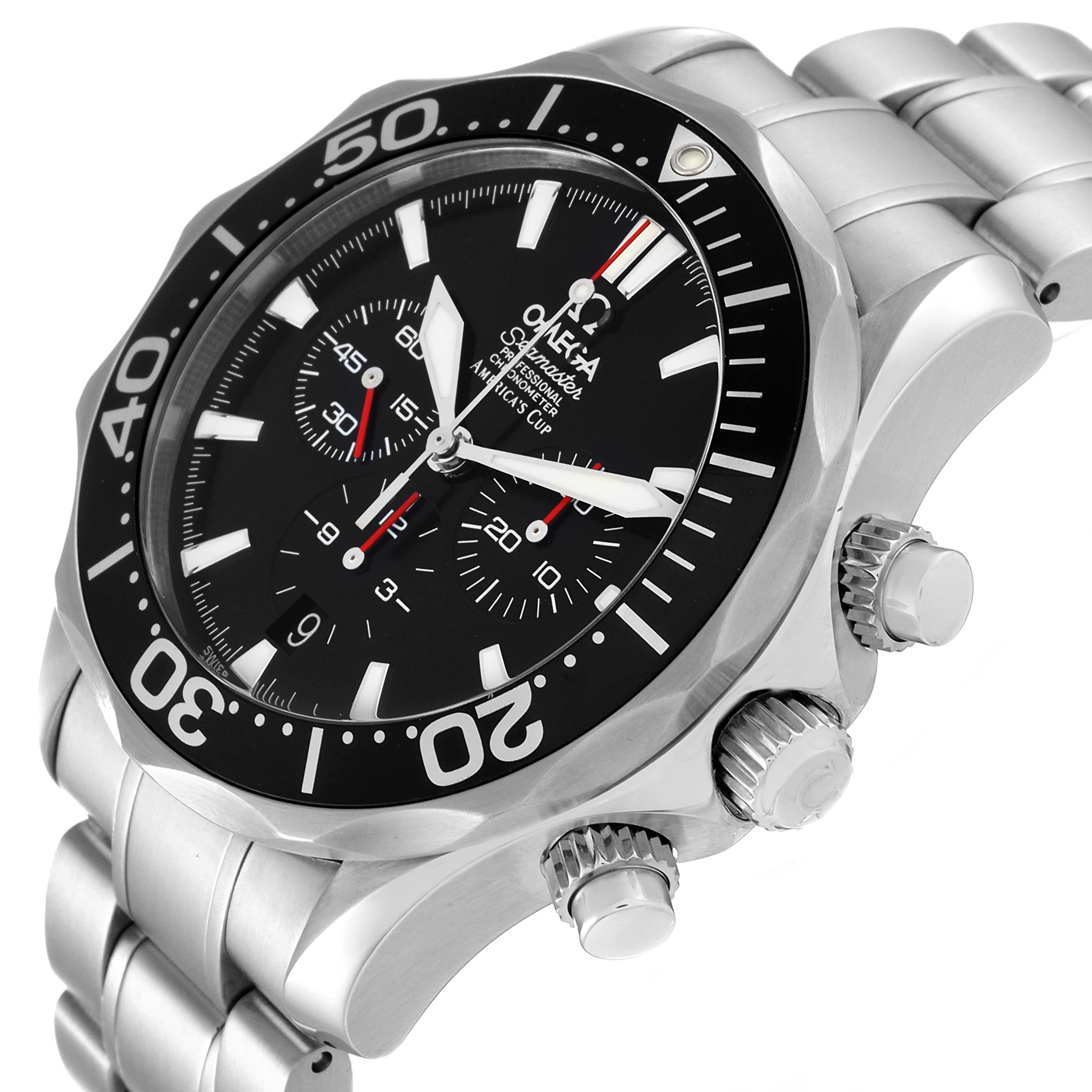 The Omega Seamaster 2594.50.00 Men
s Stainless Steel Black Dial 2594.50.00 Men
s Stainless Steel Black Dial model is shown at a slight angle from the front-right, displaying the bezel, dial, bracelet, and chronograph pushers.