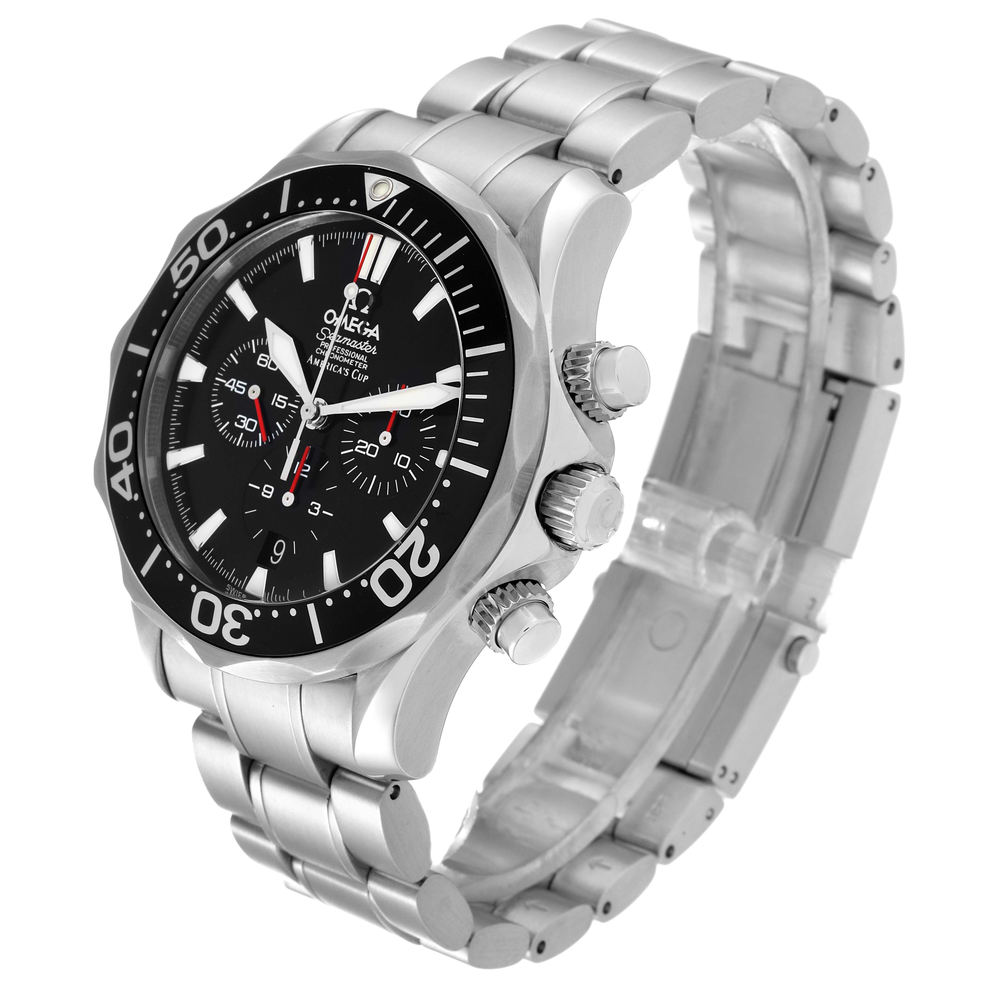 This image shows an Omega Seamaster 2594.50.00 Men
s Stainless Steel Black Dial 2594.50.00 Men
s Stainless Steel Black Dial watch at a three-quarter angle, highlighting the face, bezel, and stainless-steel bracelet.