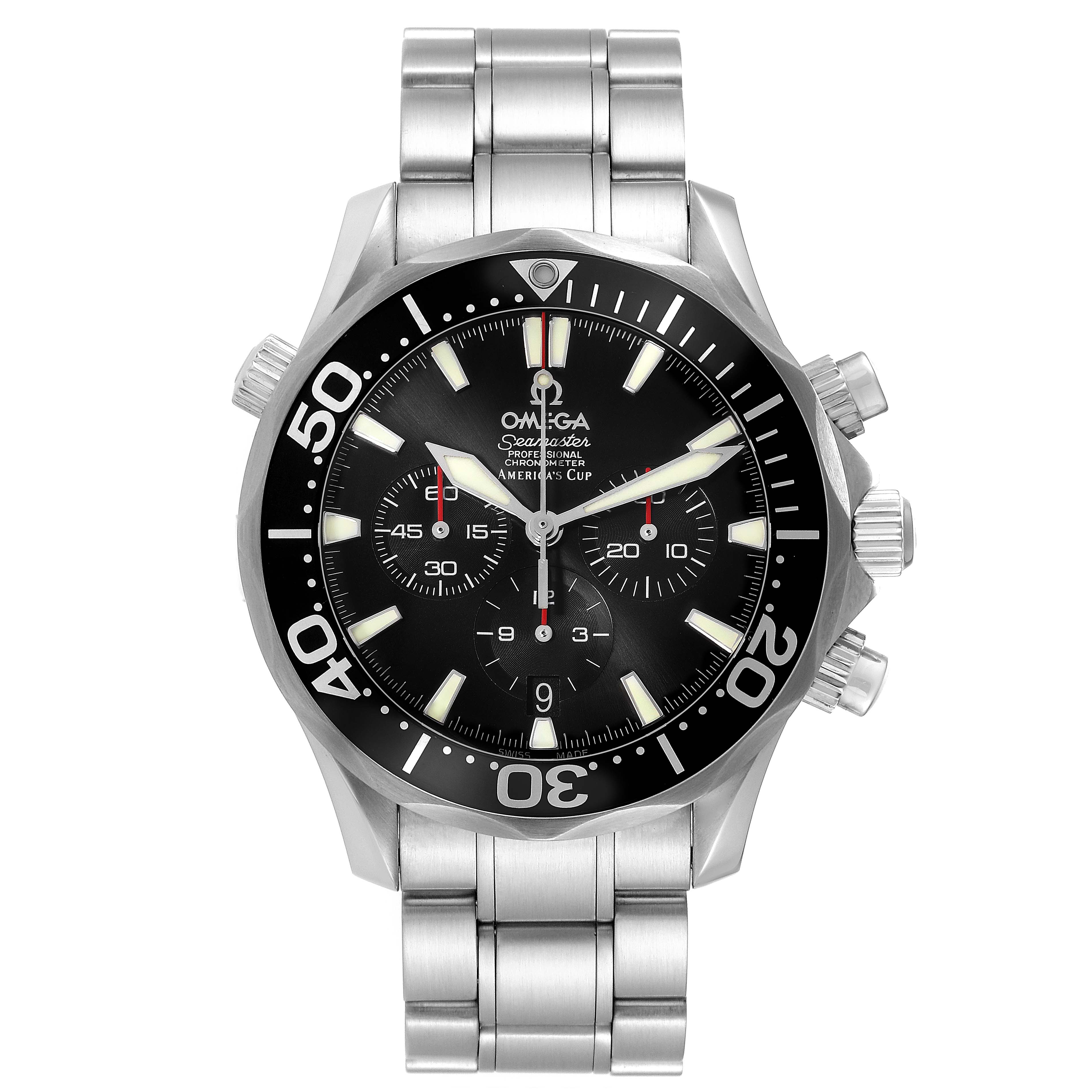 The image shows a front view of the Omega Seamaster 2594.50.00 Men
s Stainless Steel Black Dial 2594.50.00 Men
s Stainless Steel Black Dial watch, displaying its dial, bezel, pushers, and bracelet.