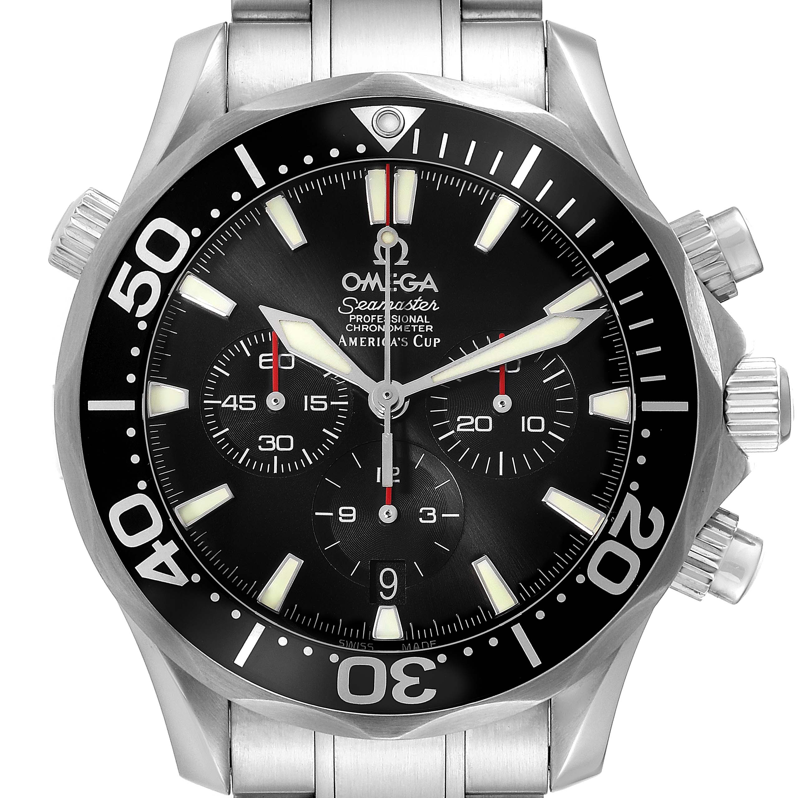 The image shows a front view of an Omega Seamaster 2594.50.00 Men
s Stainless Steel Black Dial 2594.50.00 Men
s Stainless Steel Black Dial Chronometer watch, highlighting its dial, bezel, and chronograph subdials.