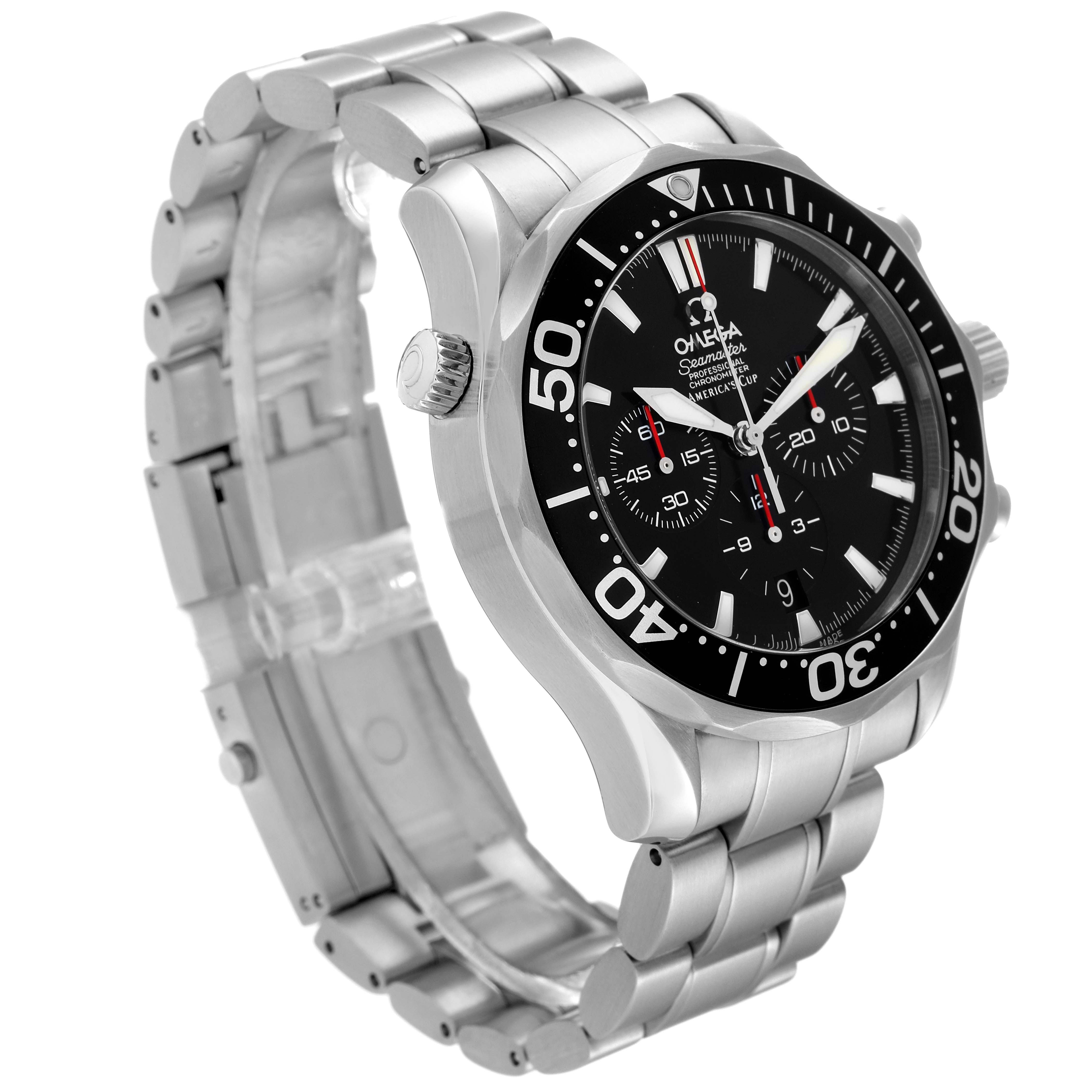 The image shows an Omega Seamaster 2594.50.00 Men
s Stainless Steel Black Dial 2594.50.00 Men
s Stainless Steel Black Dial watch from a left-side angle, highlighting the stainless steel bracelet, bezel, and crown.
