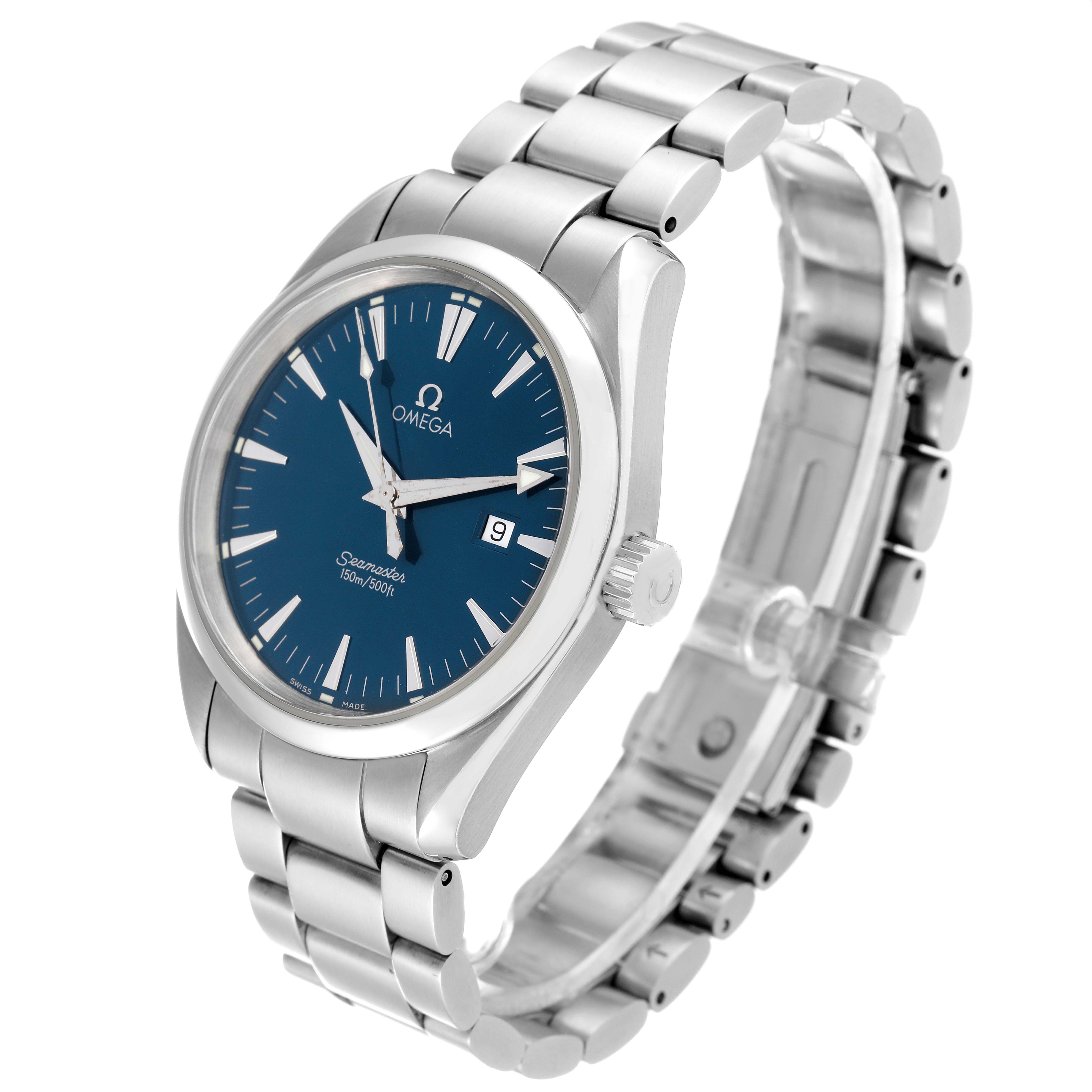 The image shows an Omega Aqua Terra 2517.80.00 Men's Stainless Steel Blue Dial 2517.80.00 Men's Stainless Steel Blue Dial watch at a three-quarter angle, highlighting the bracelet, dial, and crown.