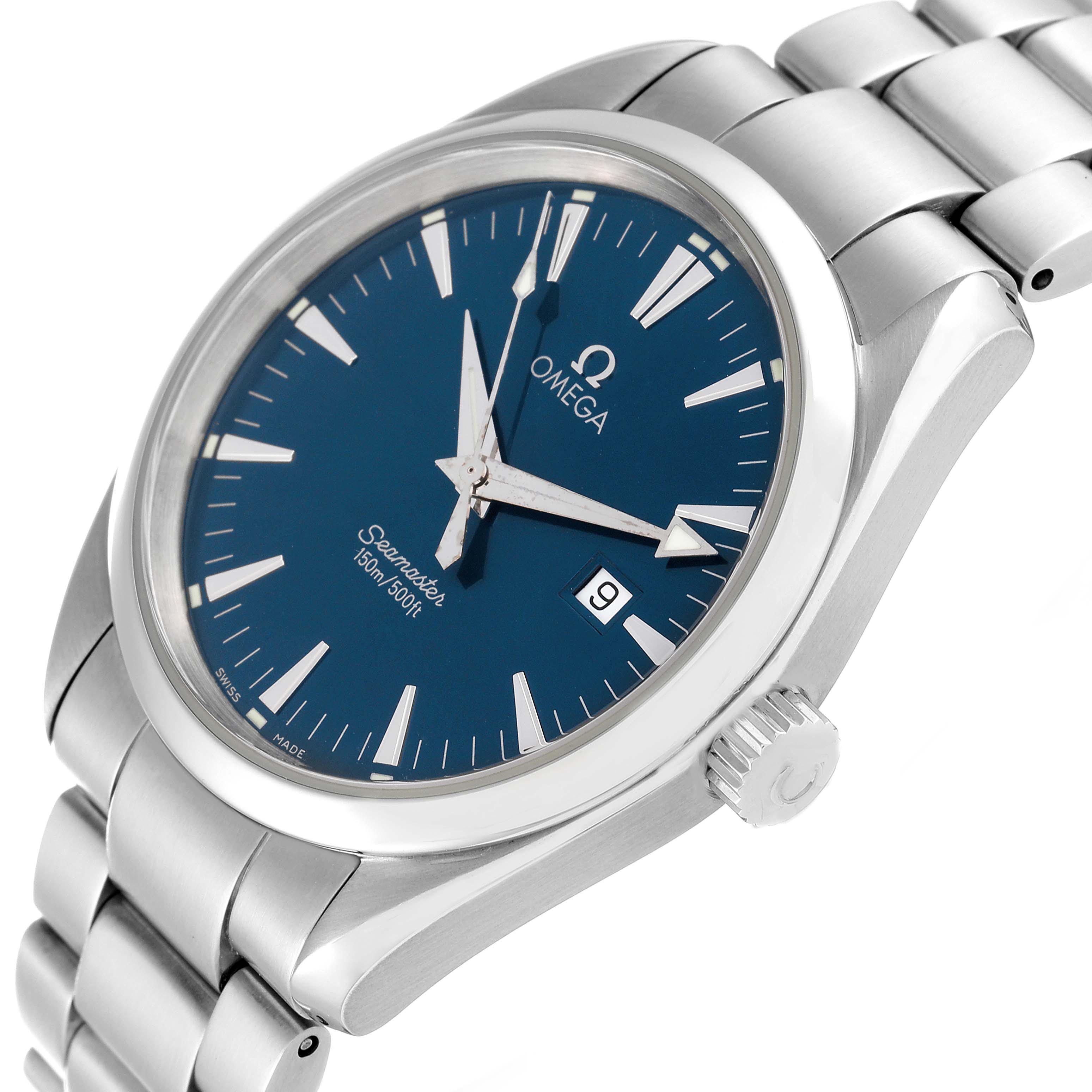 The Omega Aqua Terra 2517.80.00 Men's Stainless Steel Blue Dial 2517.80.00 Men's Stainless Steel Blue Dial watch is shown from a 3/4 angle, highlighting its face, crown, lugs, and bracelet.