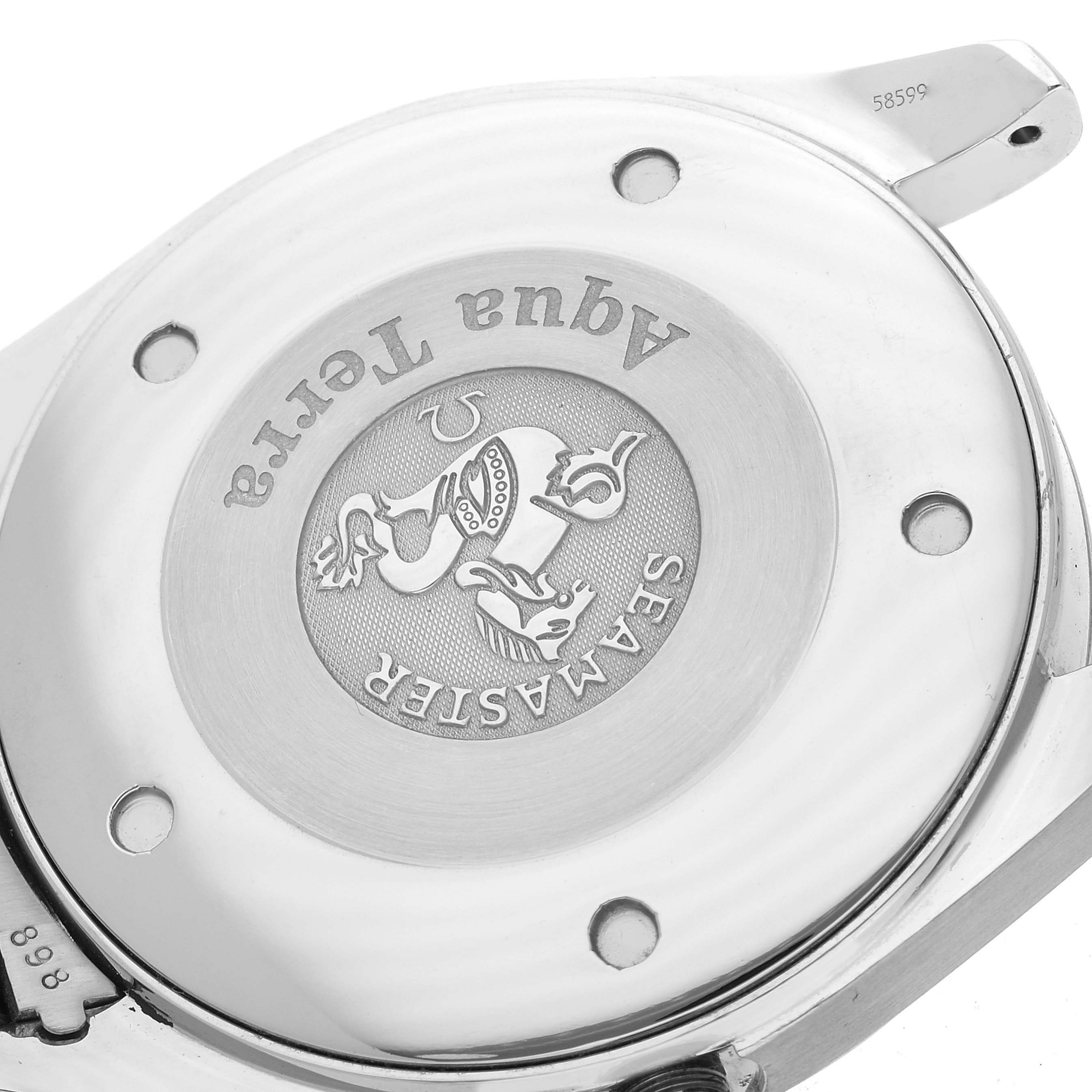 The image shows the back case of the Omega Aqua Terra 2517.80.00 Men's Stainless Steel Blue Dial 2517.80.00 Men's Stainless Steel Blue Dial model, highlighting the engraved Seamaster logo.