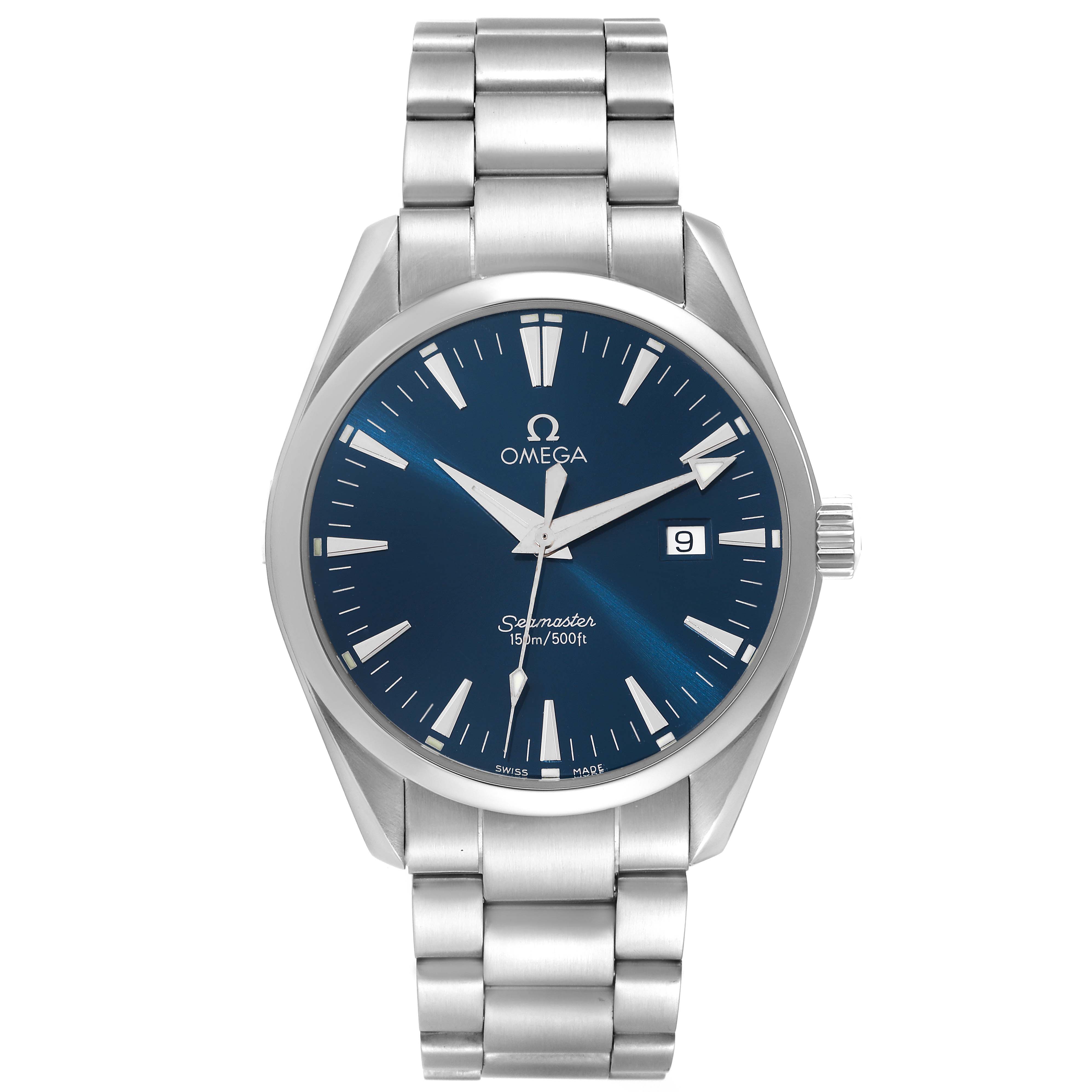 This Omega Aqua Terra 2517.80.00 Men's Stainless Steel Blue Dial 2517.80.00 Men's Stainless Steel Blue Dial model watch is shown from the front, displaying its face, hour markers, hands, date window, and metal bracelet.