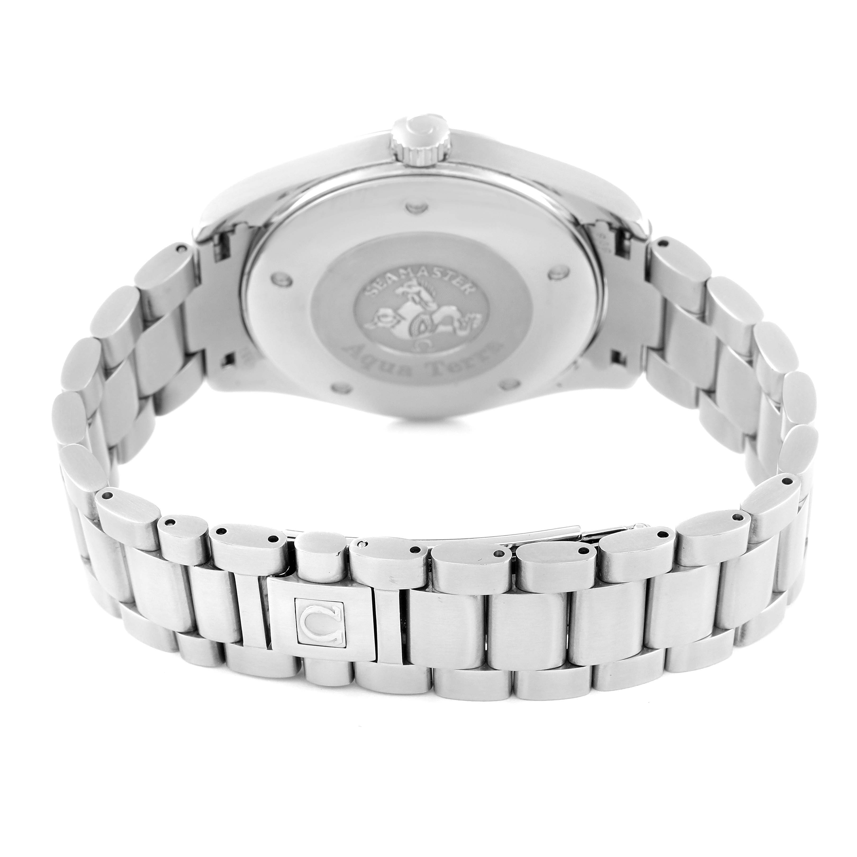 The image shows the back case and bracelet of the Omega Aqua Terra 2517.80.00 Men's Stainless Steel Blue Dial 2517.80.00 Men's Stainless Steel Blue Dial watch from a rear angle.