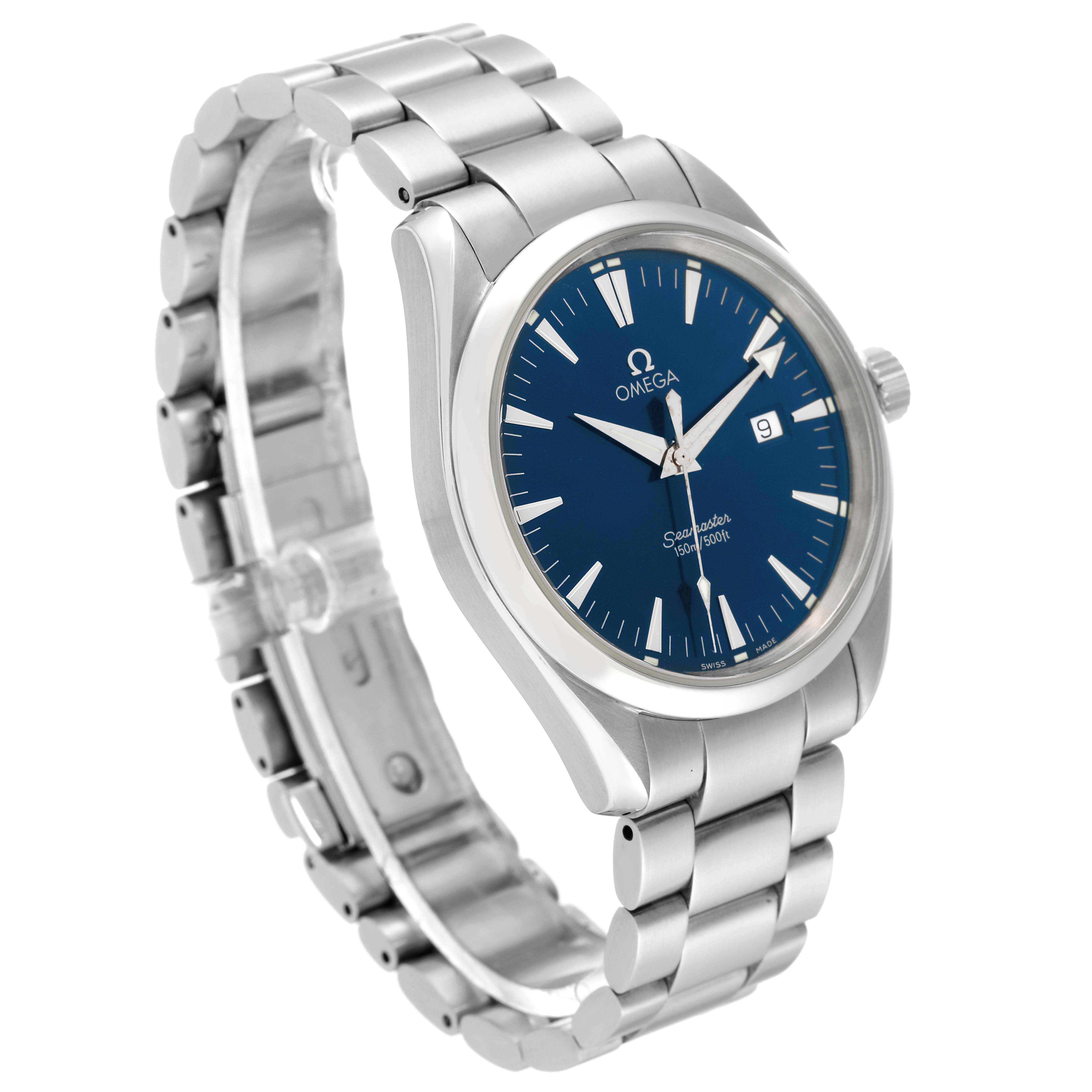 The image shows a front and side view of the Omega Aqua Terra 2517.80.00 Men's Stainless Steel Blue Dial 2517.80.00 Men's Stainless Steel Blue Dial watch, displaying its blue dial, stainless steel case, and bracelet.