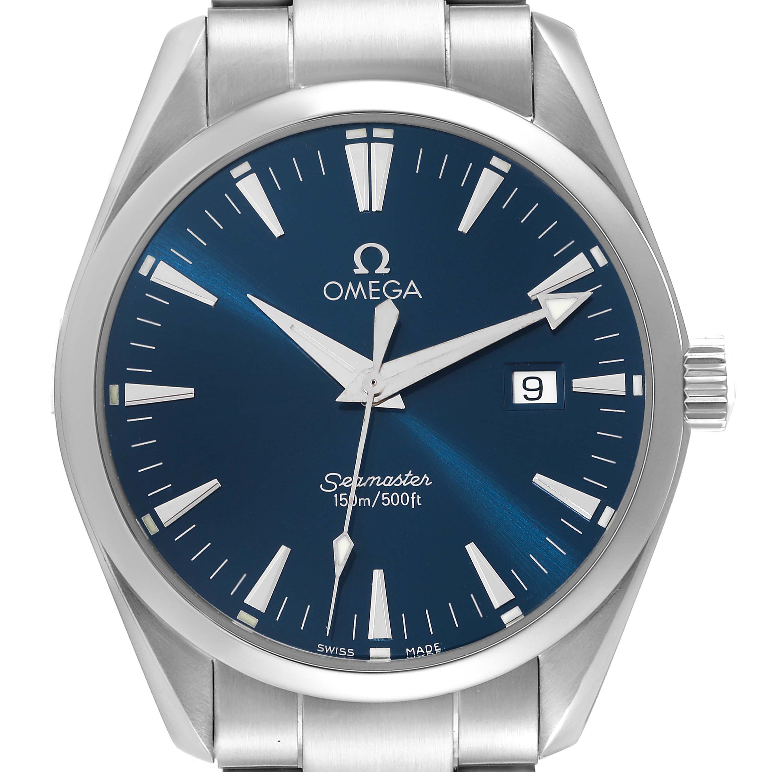 This image shows a frontal view of the Omega Aqua Terra 2517.80.00 Men's Stainless Steel Blue Dial 2517.80.00 Men's Stainless Steel Blue Dial watch, highlighting its blue dial, metal band, and date window at the 3 o'clock position.