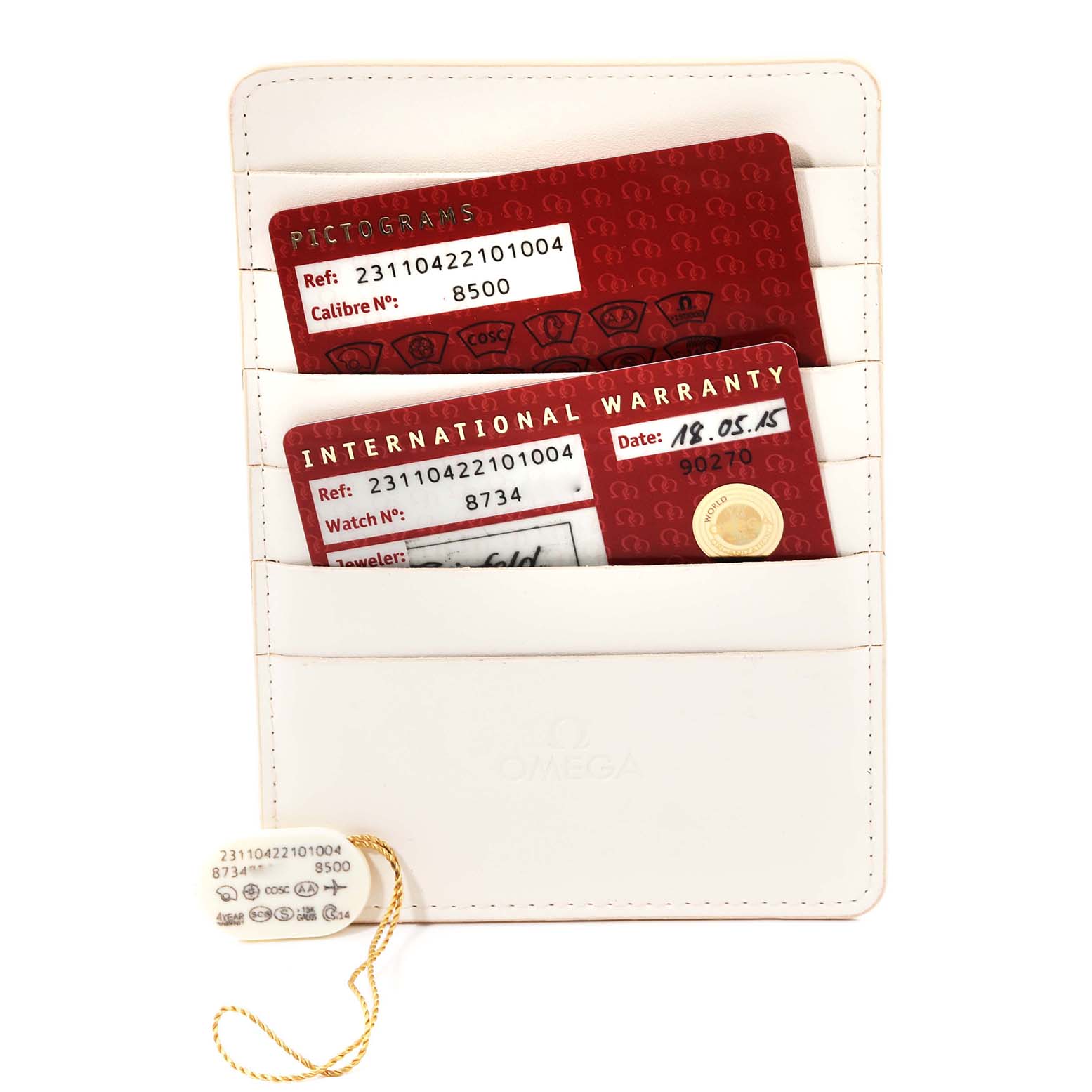 The image shows the warranty cards and tags from an Omega Aqua Terra 231.10.42.21.01.004 Men's Stainless Steel Black Dial 231.10.42.21.01.004 Men's Stainless Steel Black Dial watch, placed inside a white cardholder.