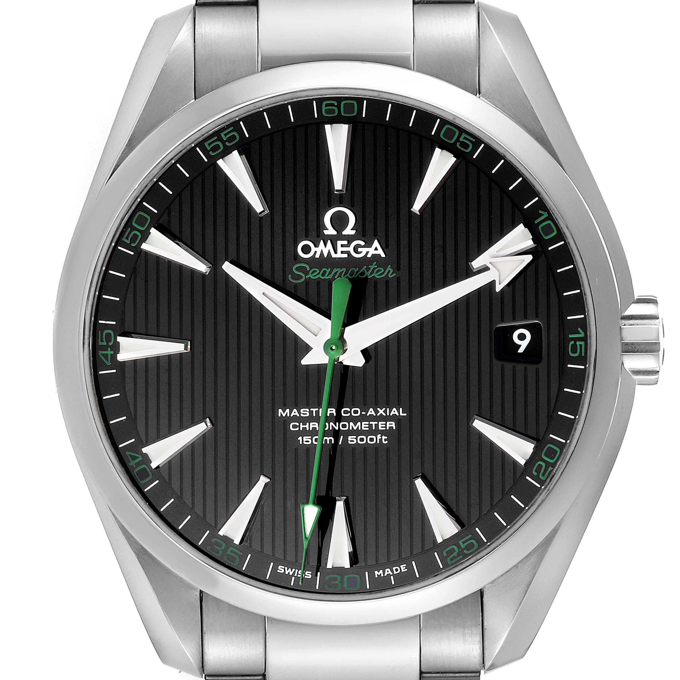 The image shows the front view of the Omega Aqua Terra 231.10.42.21.01.004 Men's Stainless Steel Black Dial 231.10.42.21.01.004 Men's Stainless Steel Black Dial Seamaster watch, highlighting the dial, hands, and part of the bracelet.