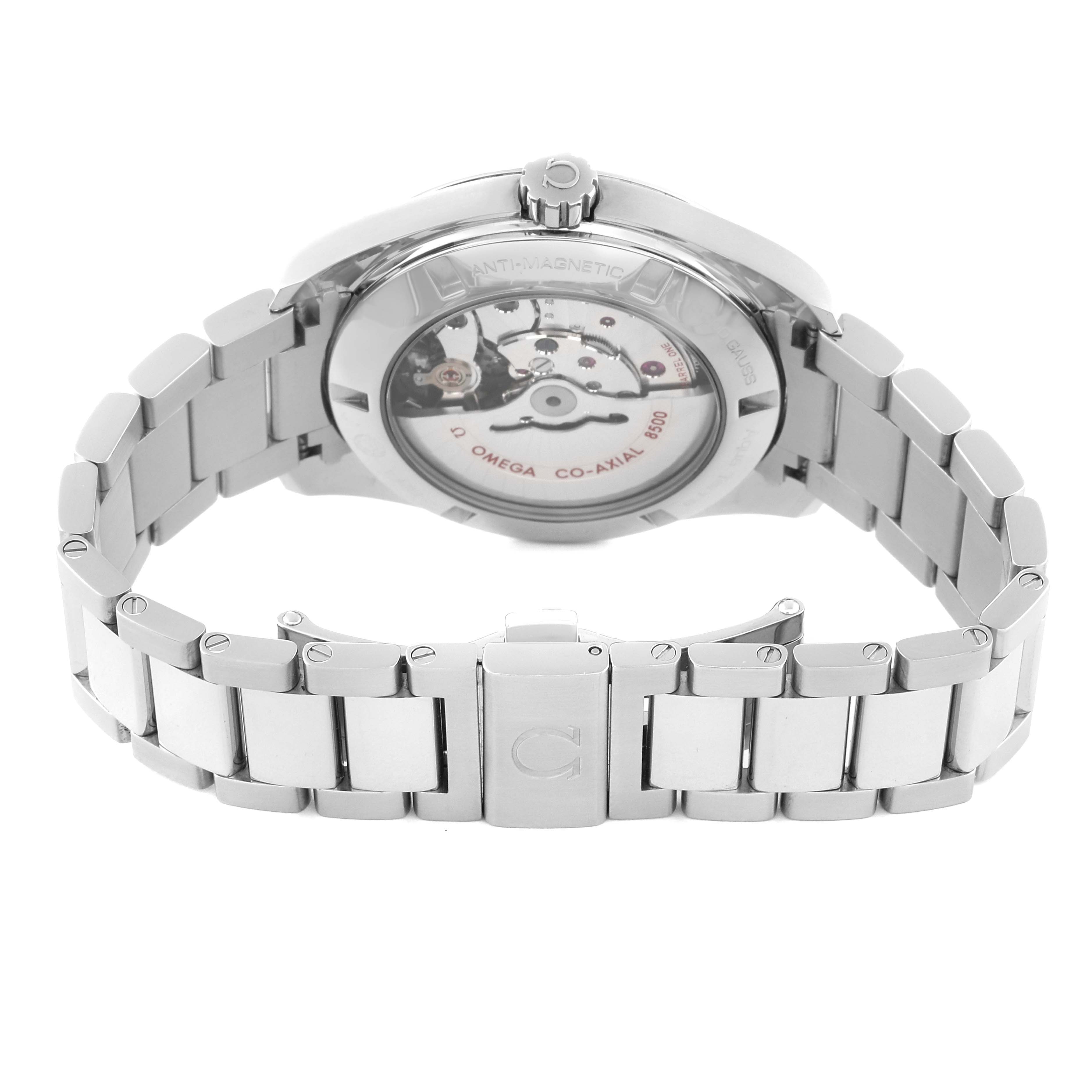 The image shows the back and bracelet of the Omega Aqua Terra 231.10.42.21.01.004 Men's Stainless Steel Black Dial 231.10.42.21.01.004 Men's Stainless Steel Black Dial watch, highlighting its movement and anti-magnetic features.