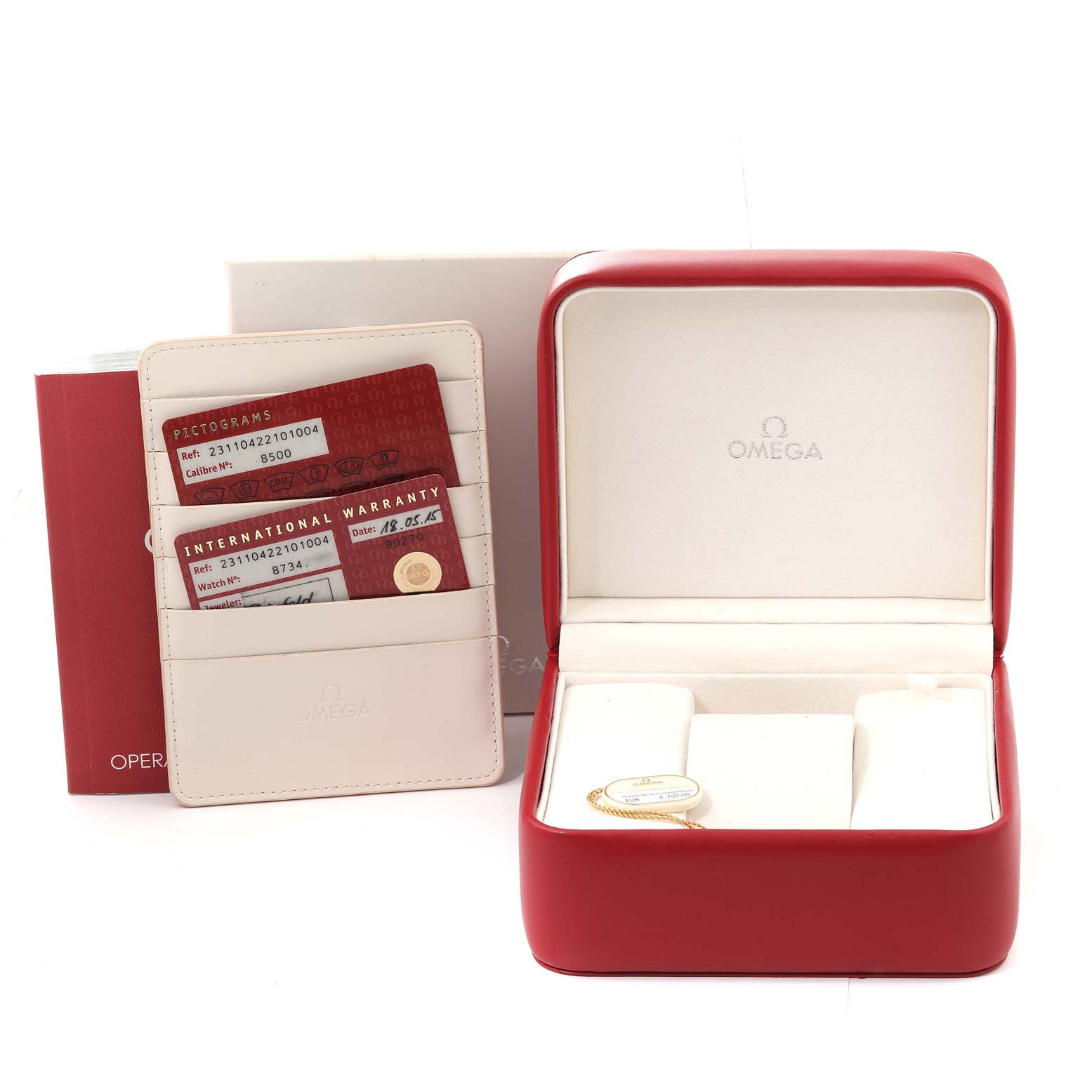 The image shows the Omega Aqua Terra 231.10.42.21.01.004 Men's Stainless Steel Black Dial 231.10.42.21.01.004 Men's Stainless Steel Black Dial model's box, warranty cards, manual, and a red leather watch case.