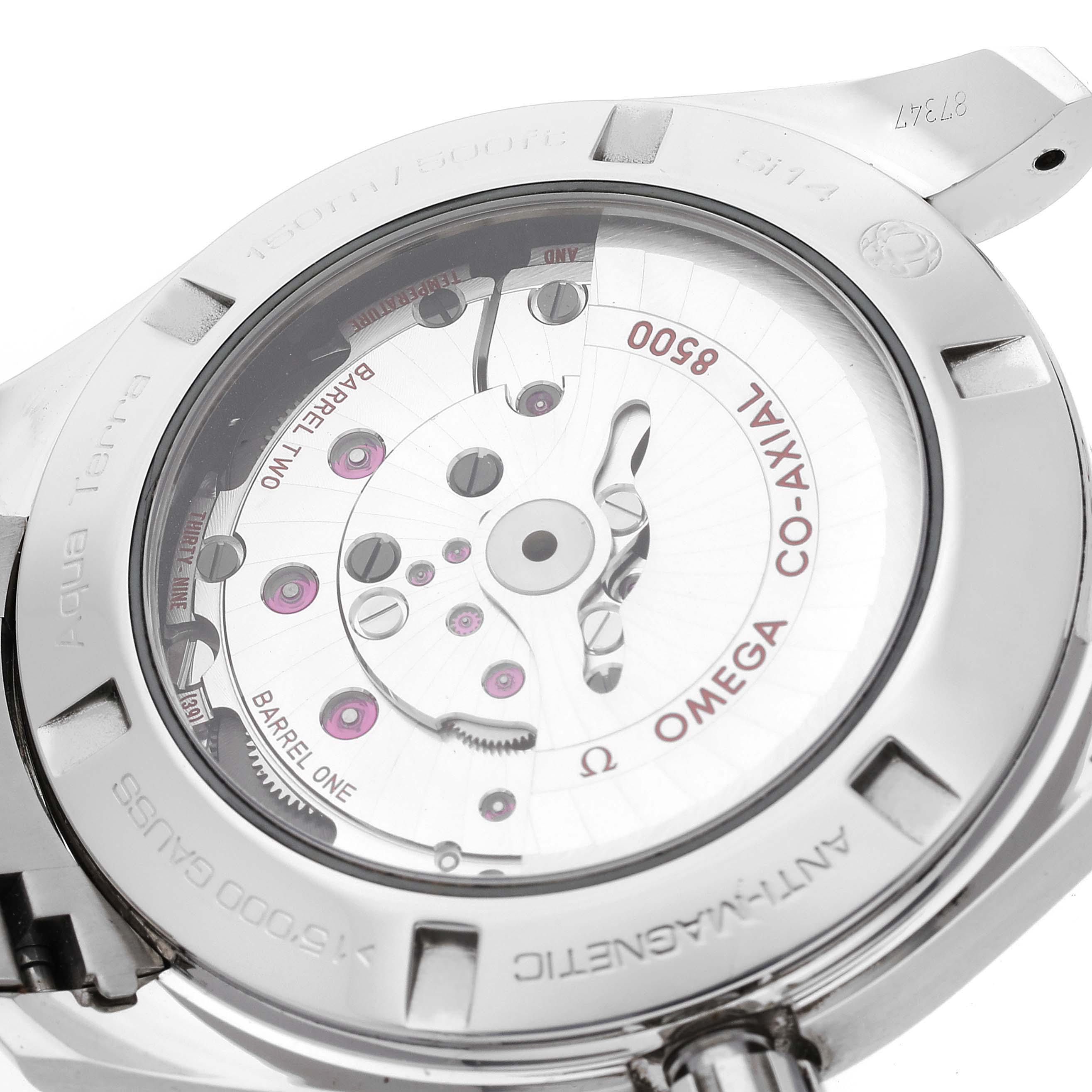 This image shows the back view of the Omega Aqua Terra 231.10.42.21.01.004 Men's Stainless Steel Black Dial 231.10.42.21.01.004 Men's Stainless Steel Black Dial watch, revealing the Co-Axial movement and internal mechanics.