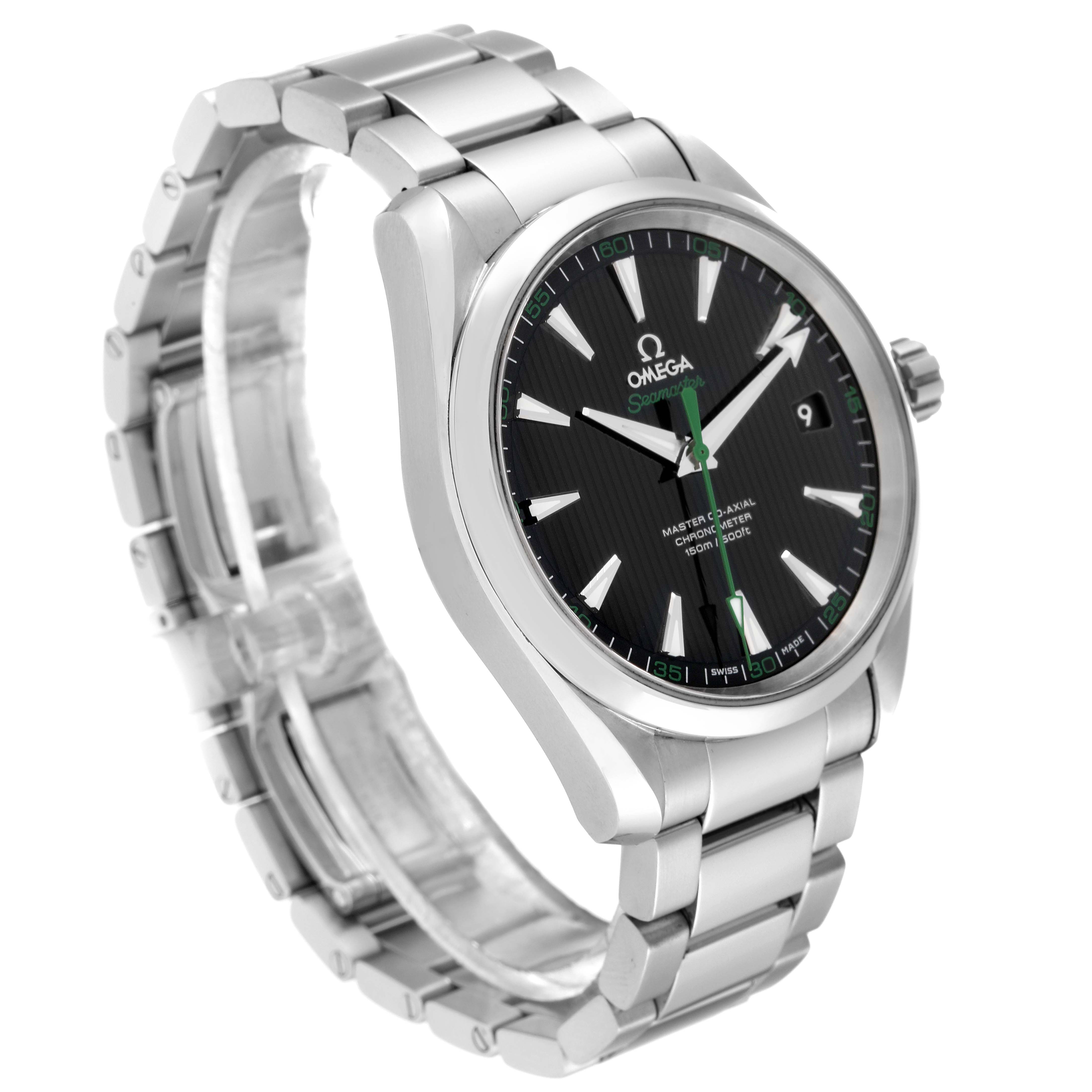 The image shows the front and side view of the Omega Aqua Terra 231.10.42.21.01.004 Men's Stainless Steel Black Dial 231.10.42.21.01.004 Men's Stainless Steel Black Dial model watch, focusing on the dial, bracelet, and bezel.